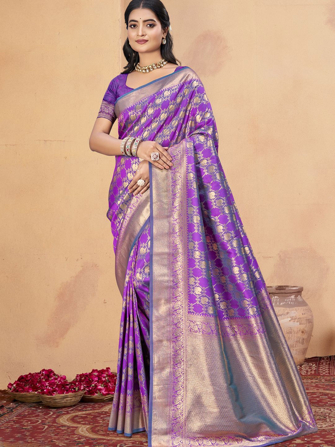 

SANGAM PRINTS Woven Design Zari Silk Blend Designer Tussar Saree, Purple