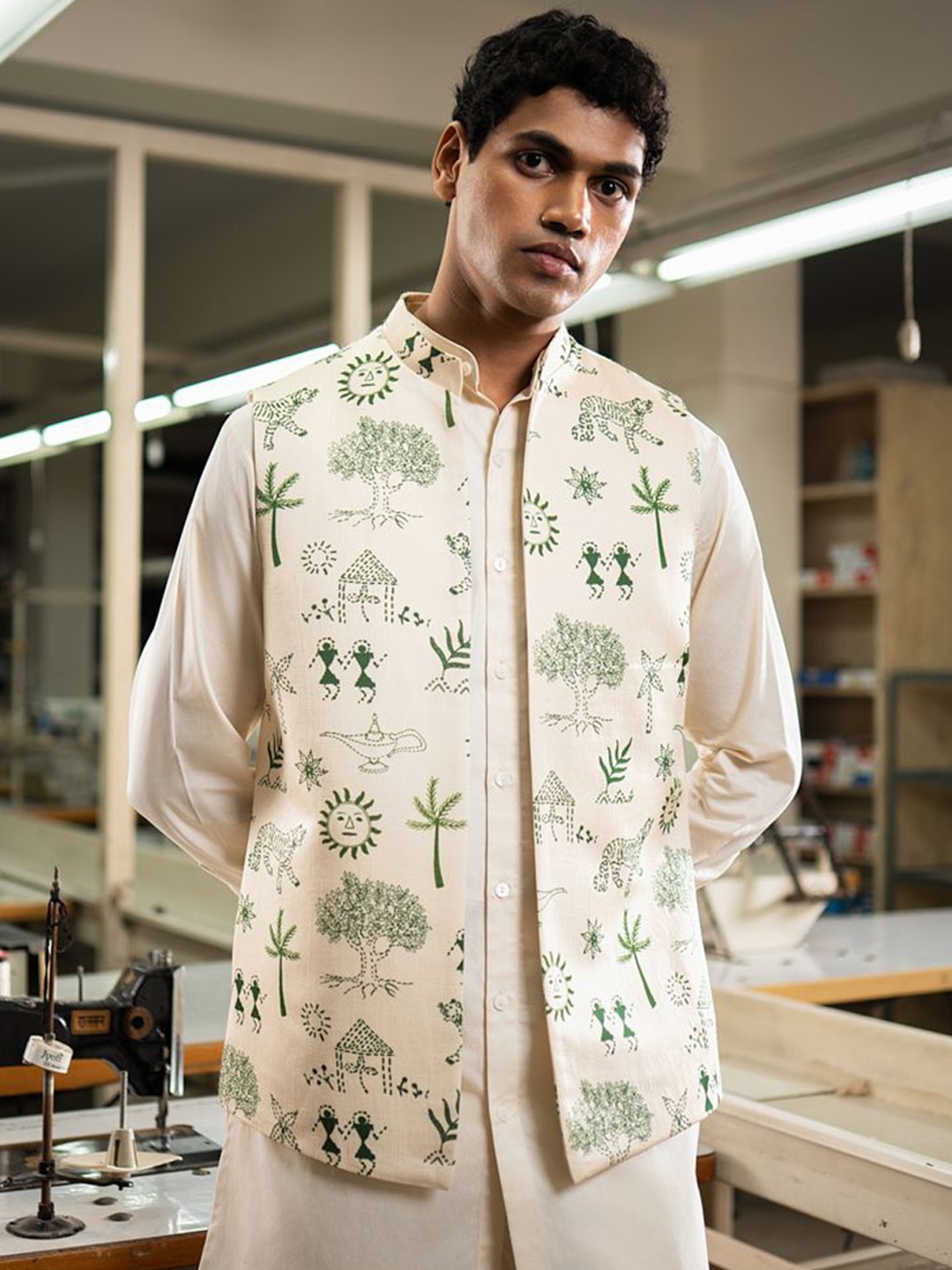 

Project Bandi Printed Satin Nehru Jacket, Off white