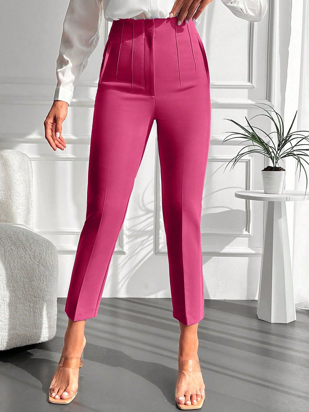 

HIGH BUY Women Pencil Skinny Fit High-Rise Pleated Trousers, Pink