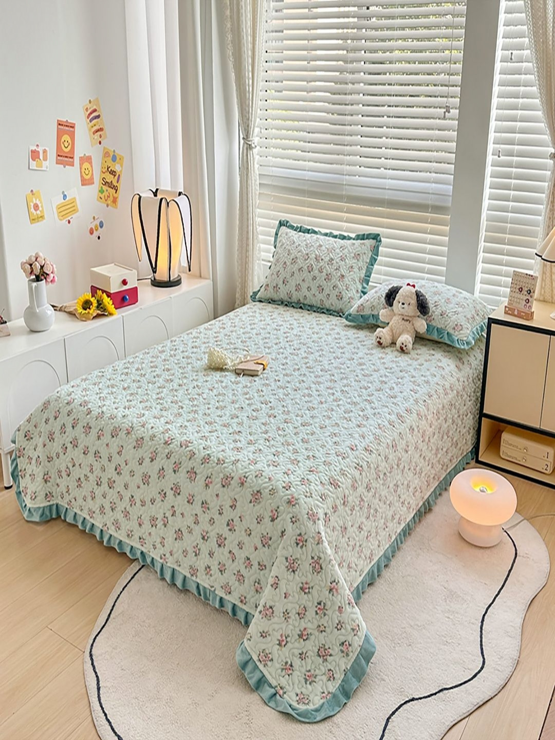 

JC HOME Blue & Pink Printed Cotton Queen Queen Bed & Pillow Cover
