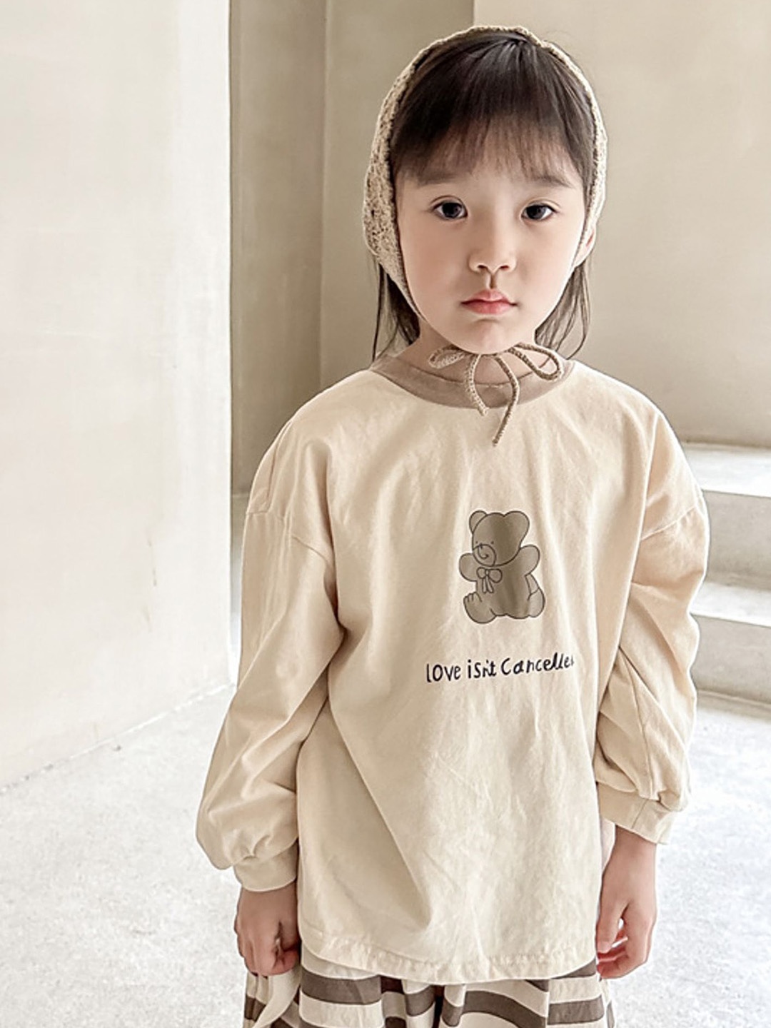 

LULU & SKY Kids Printed Henley Neck Extended Sleeves Raw Edge T-shirt, Beige