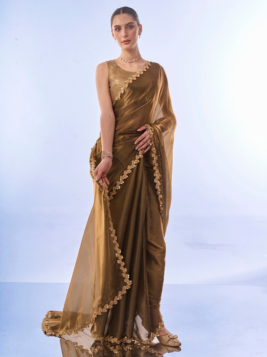 

ROOP SUNDARI SAREES Embellished Sequinned Organza Designer Saree, Brown