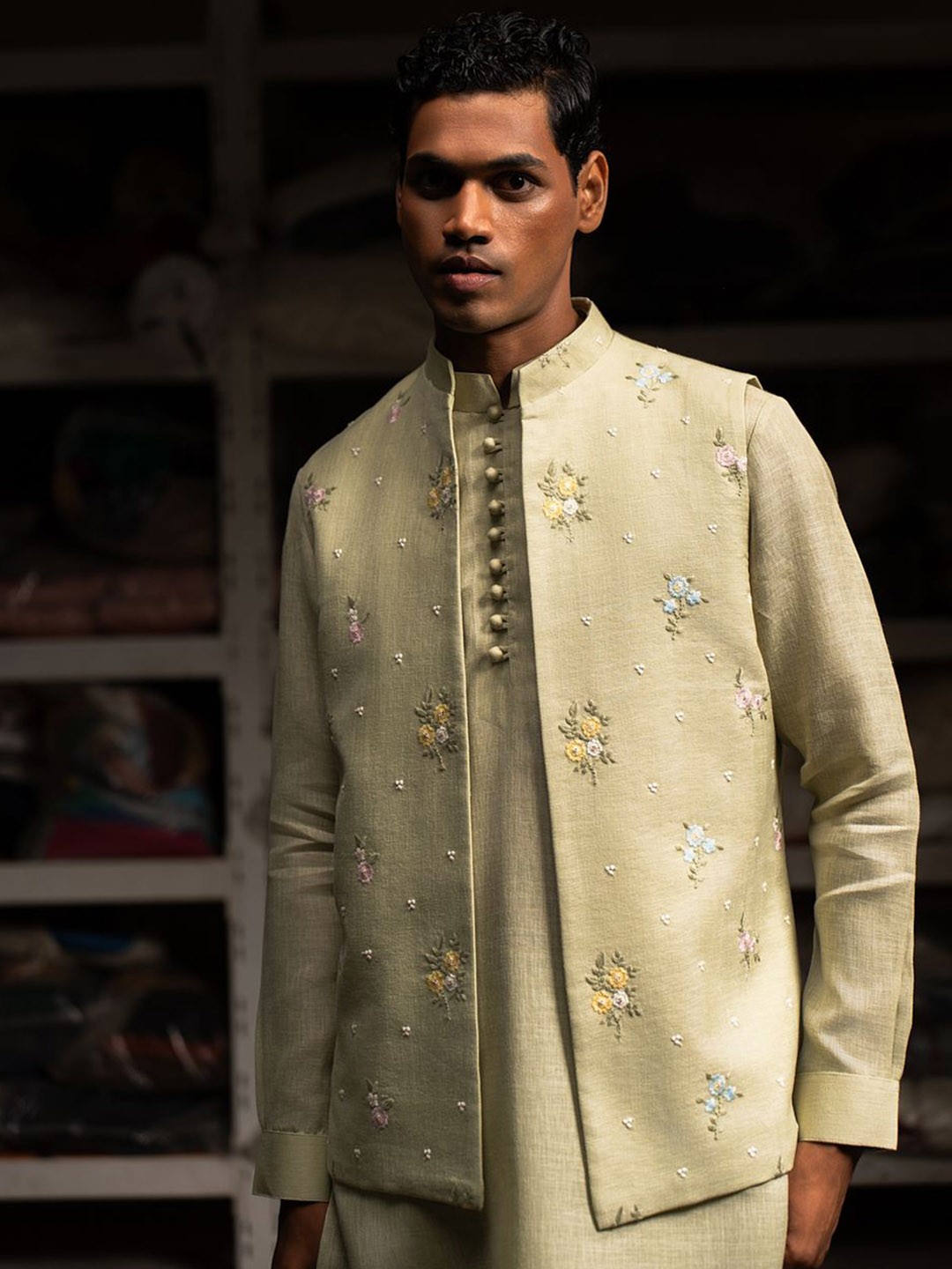 

Project Bandi Floral Embroidered Woven Nehru Jacket, Cream