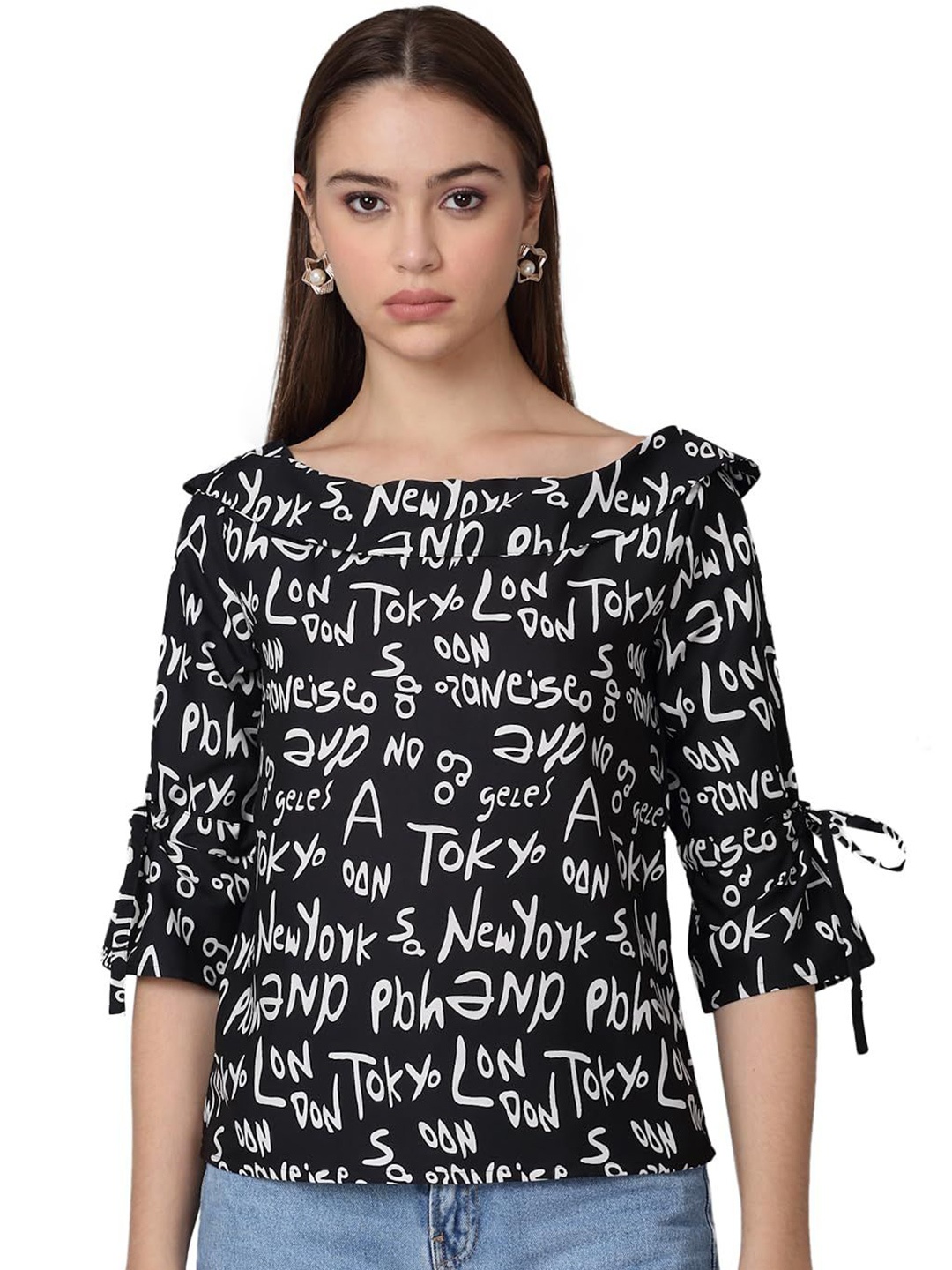 

SZN Print Bell Sleeve Top, Black