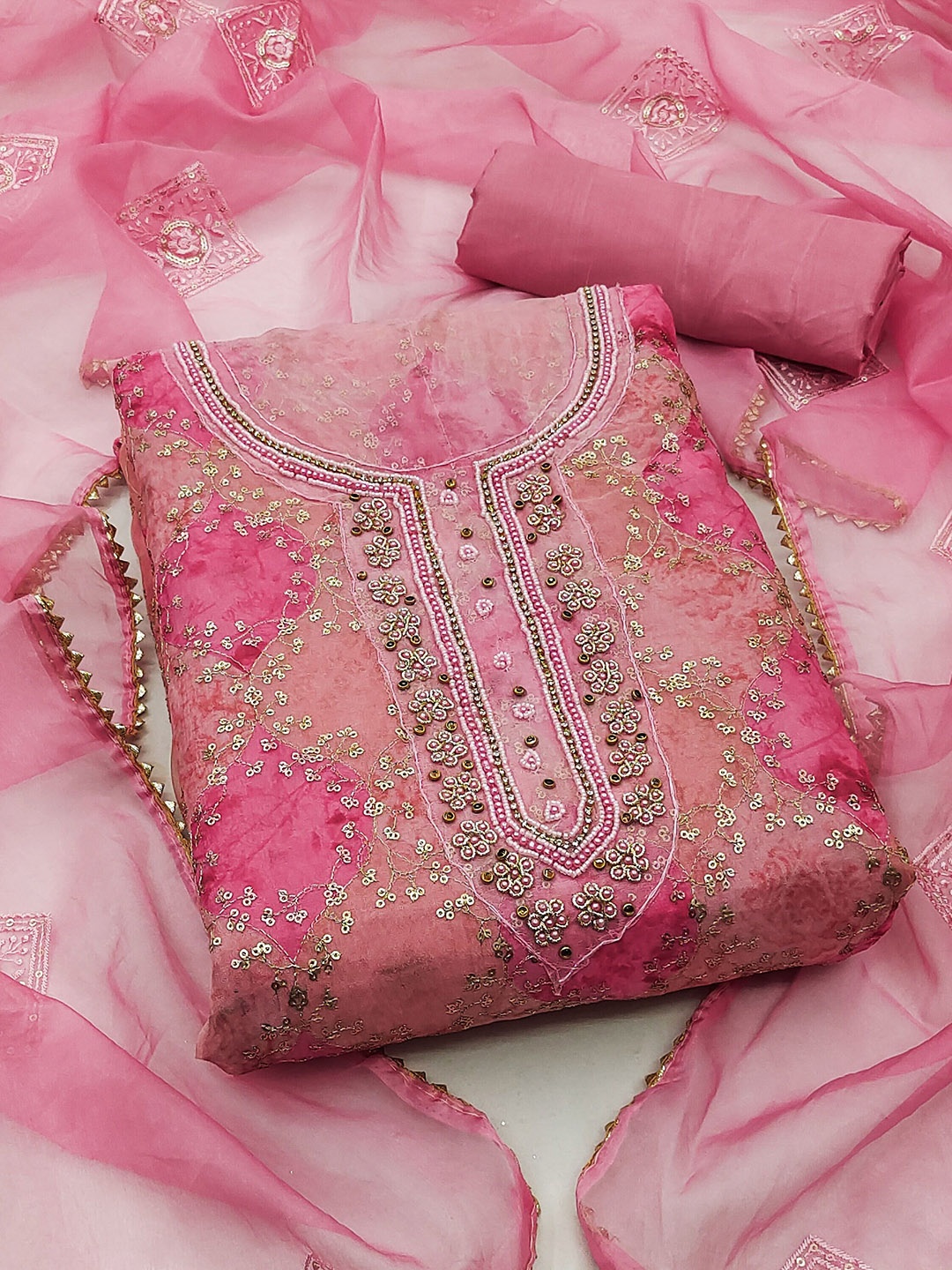 

SHADOW & SAINING Embroidered Organza Semi-Stitched Dress Material, Pink