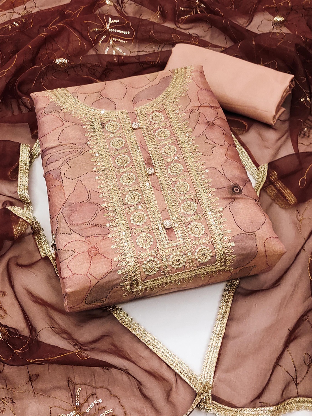 

SHADOW & SAINING Embellished Semi-Stitched Dress Material, Peach