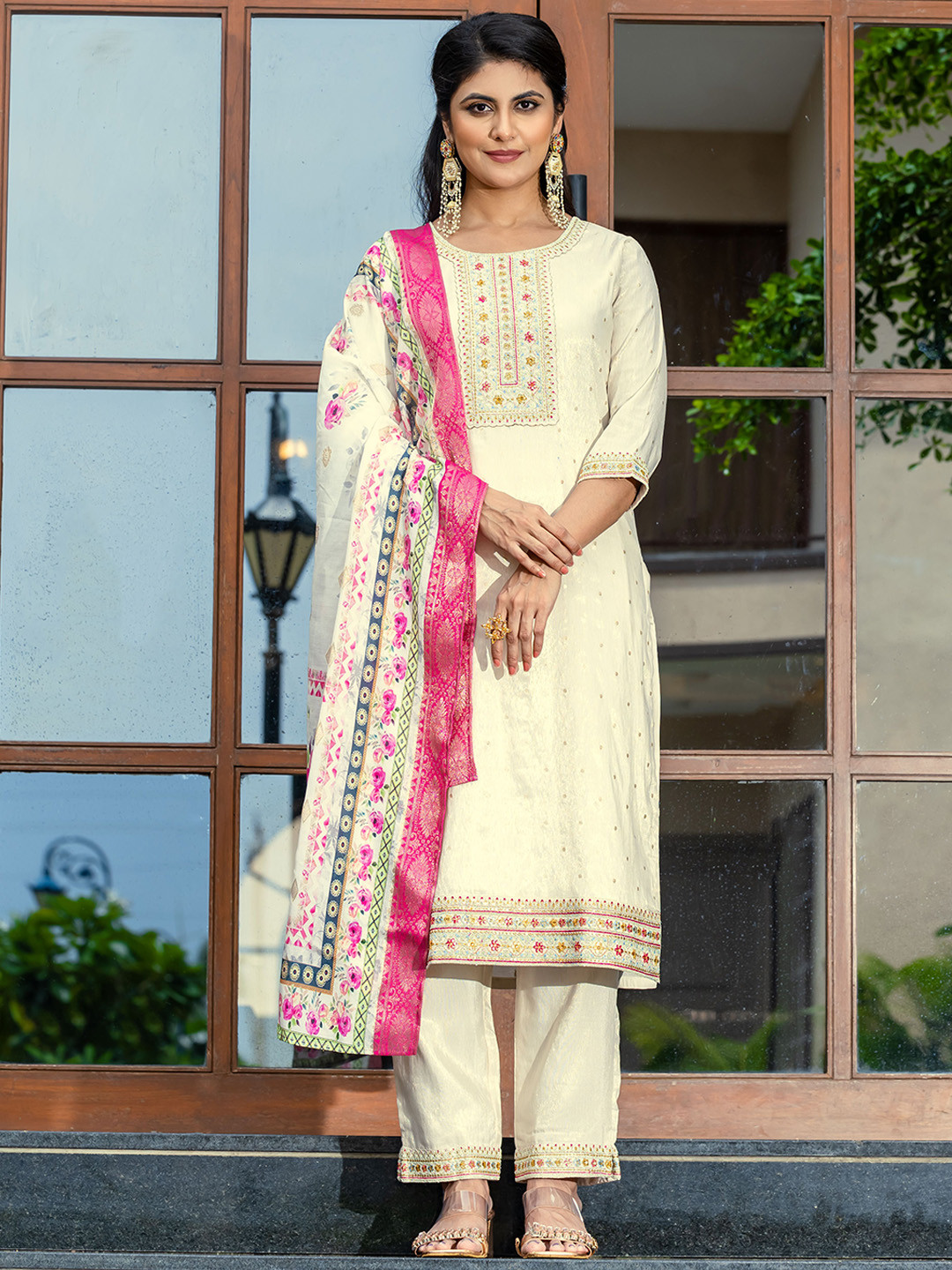 

SANJANA SILK Women Ethnic Motifs Yoke Design Regular Thread Work Pure Silk Kurta with Trousers & With Dupatta, Off white