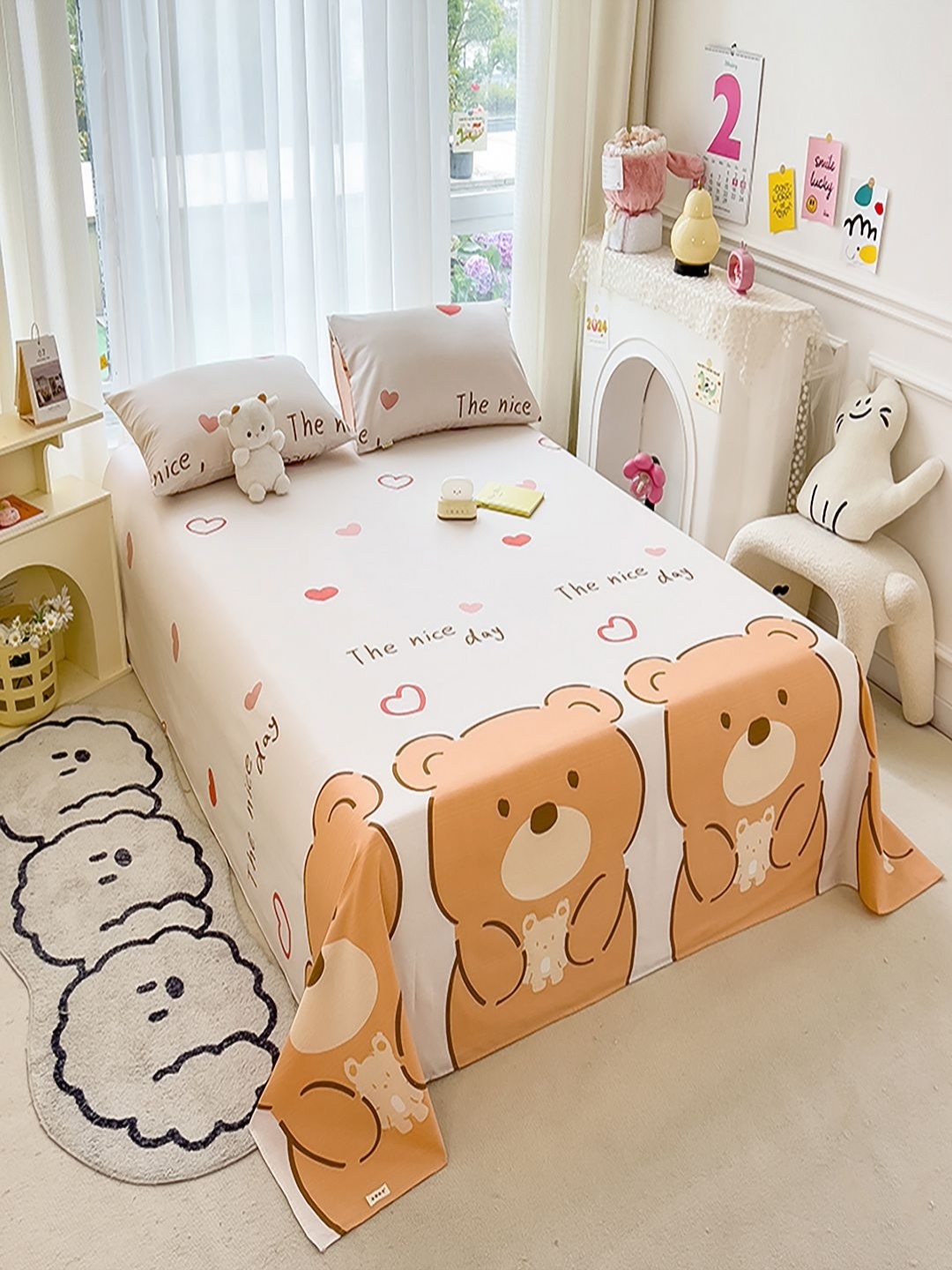 

JC HOME White & Brown Cartoon Characters 140 TC King Bedsheet with 2 Pillow Covers