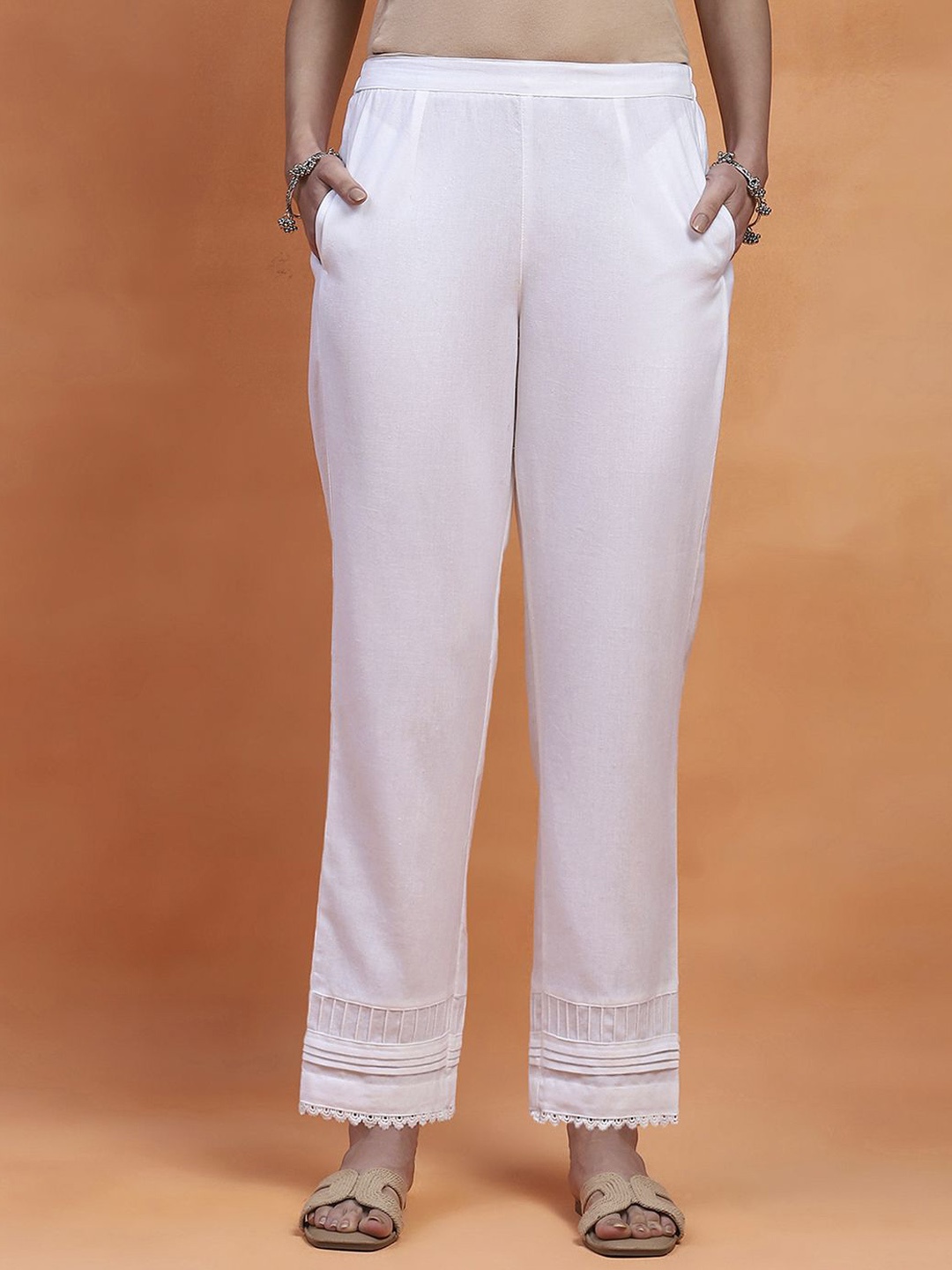 

House of Chikankari Women Relaxed Straight Fit Trousers, White