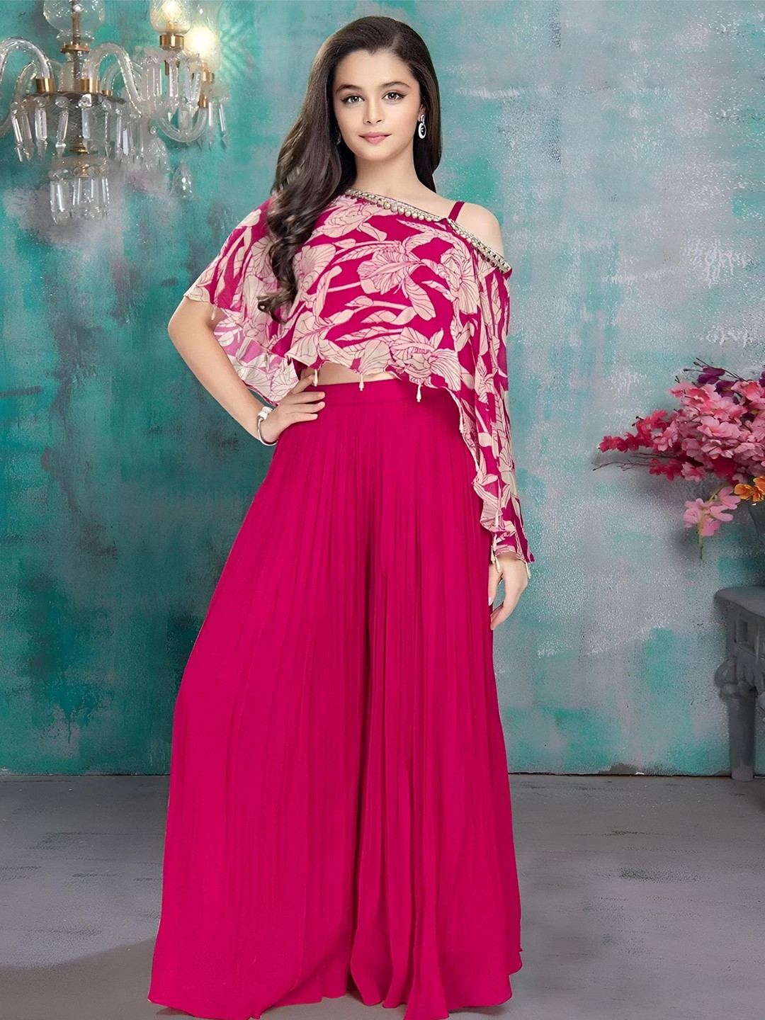

BAESD Girls Printed Top with Palazzos, Pink