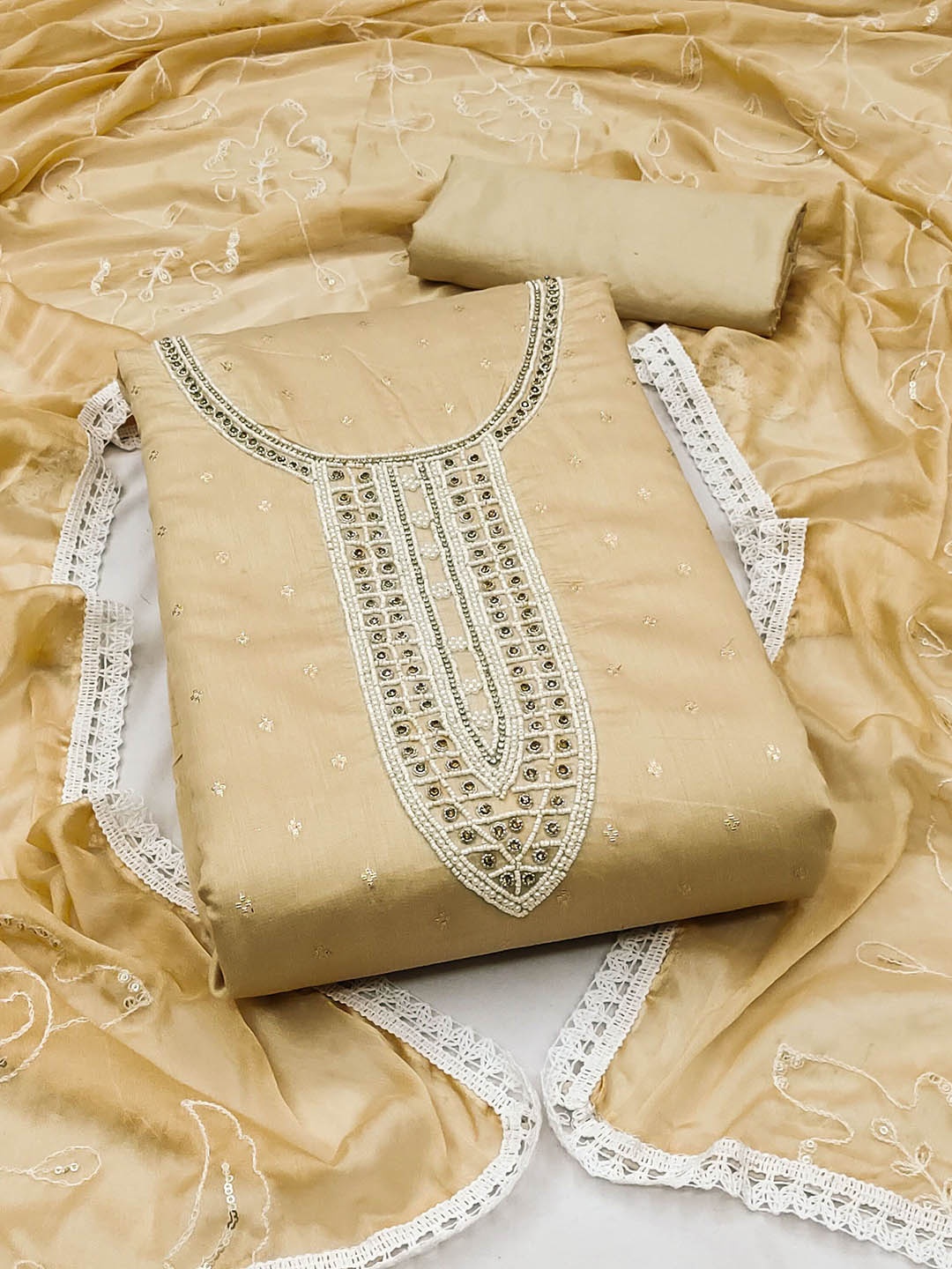 

SHADOW & SAINING Embellished Semi-Stitched Dress Material, Beige