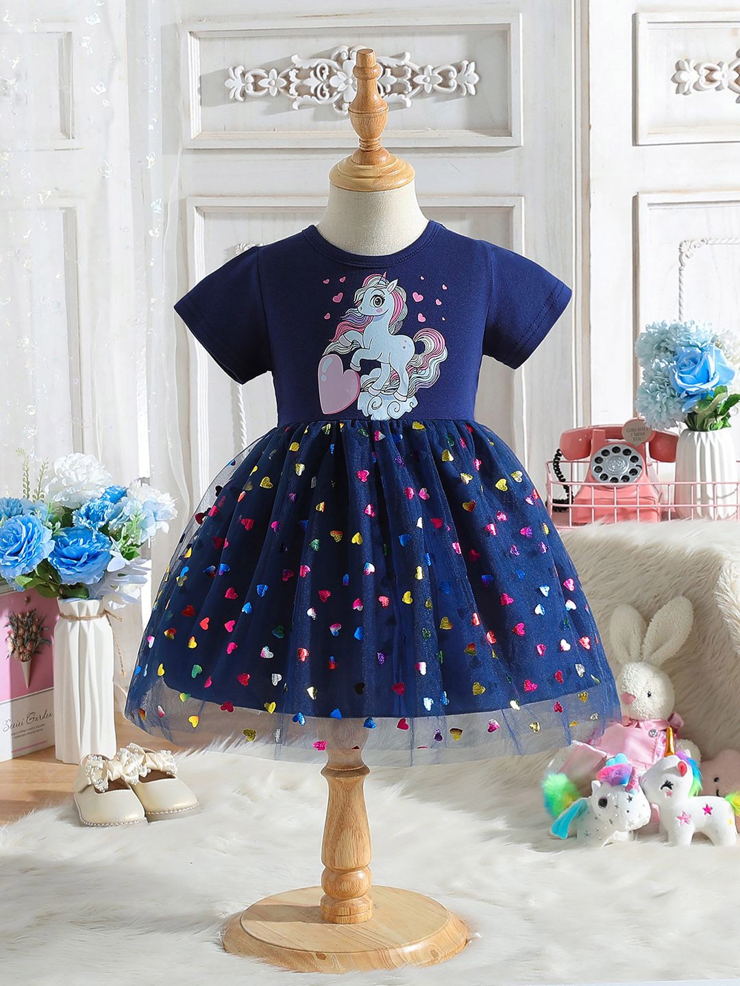 

YK Floral Print Fit & Flare Dress, Navy blue