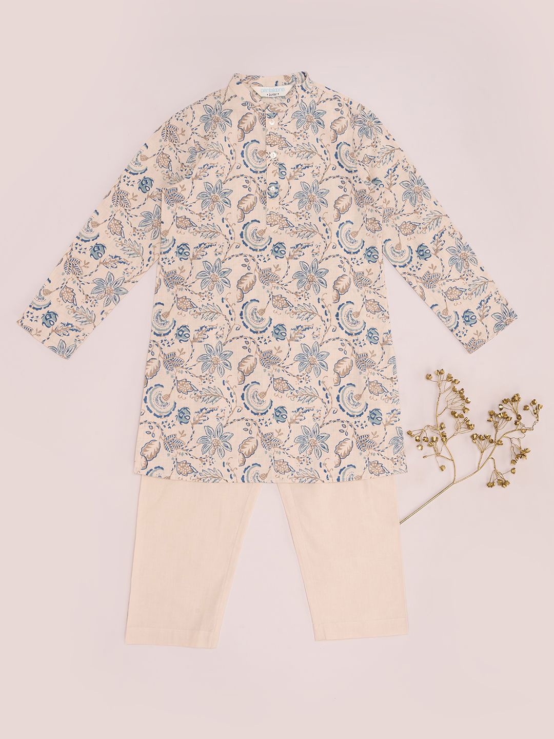 

indus route by Pantaloons Boys Floral Printed Regular Pure Cotton Kurta with Pyjamas, Beige