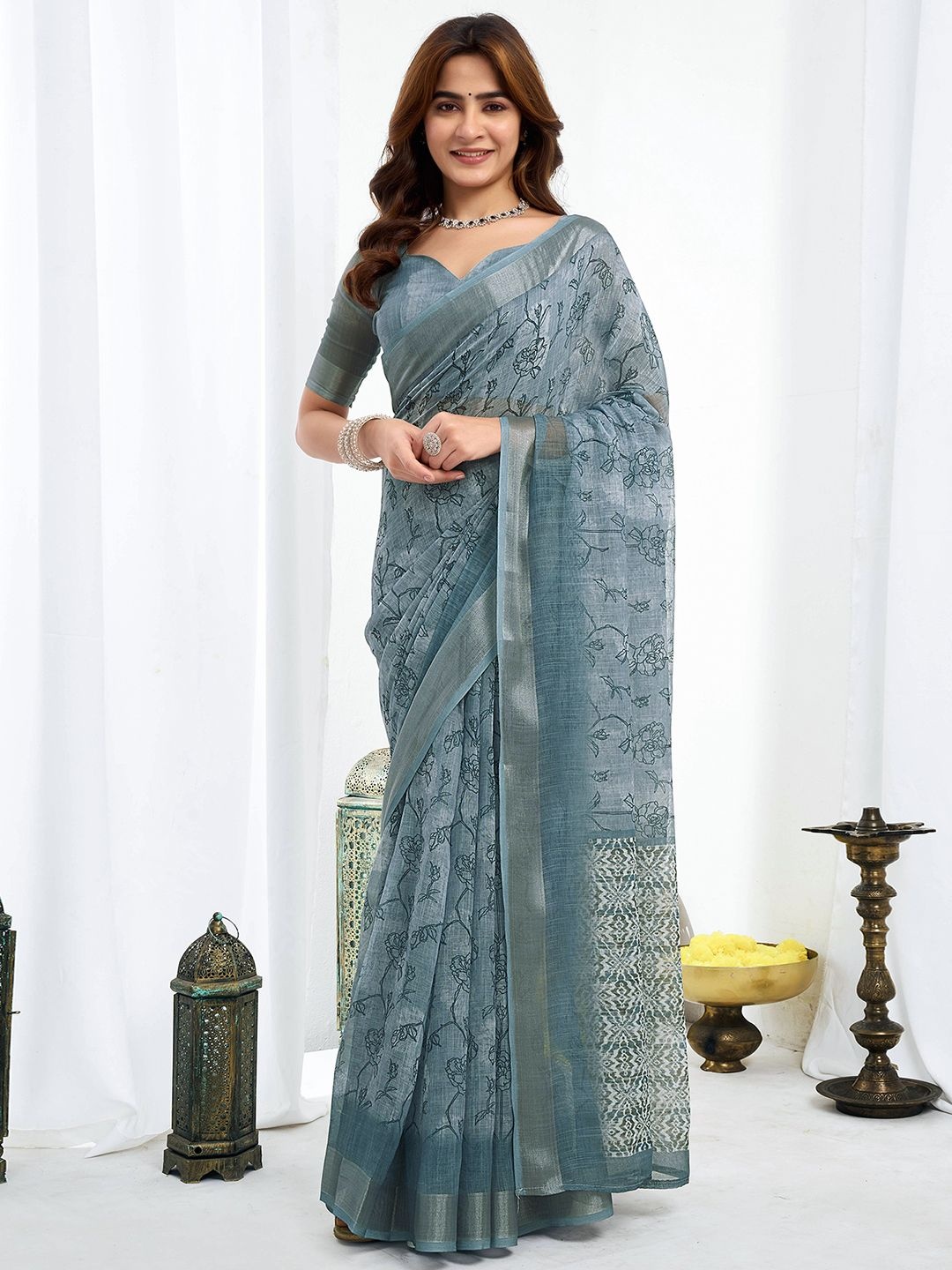

all about you Floral Pure Linen Ready to Wear Saree, Grey