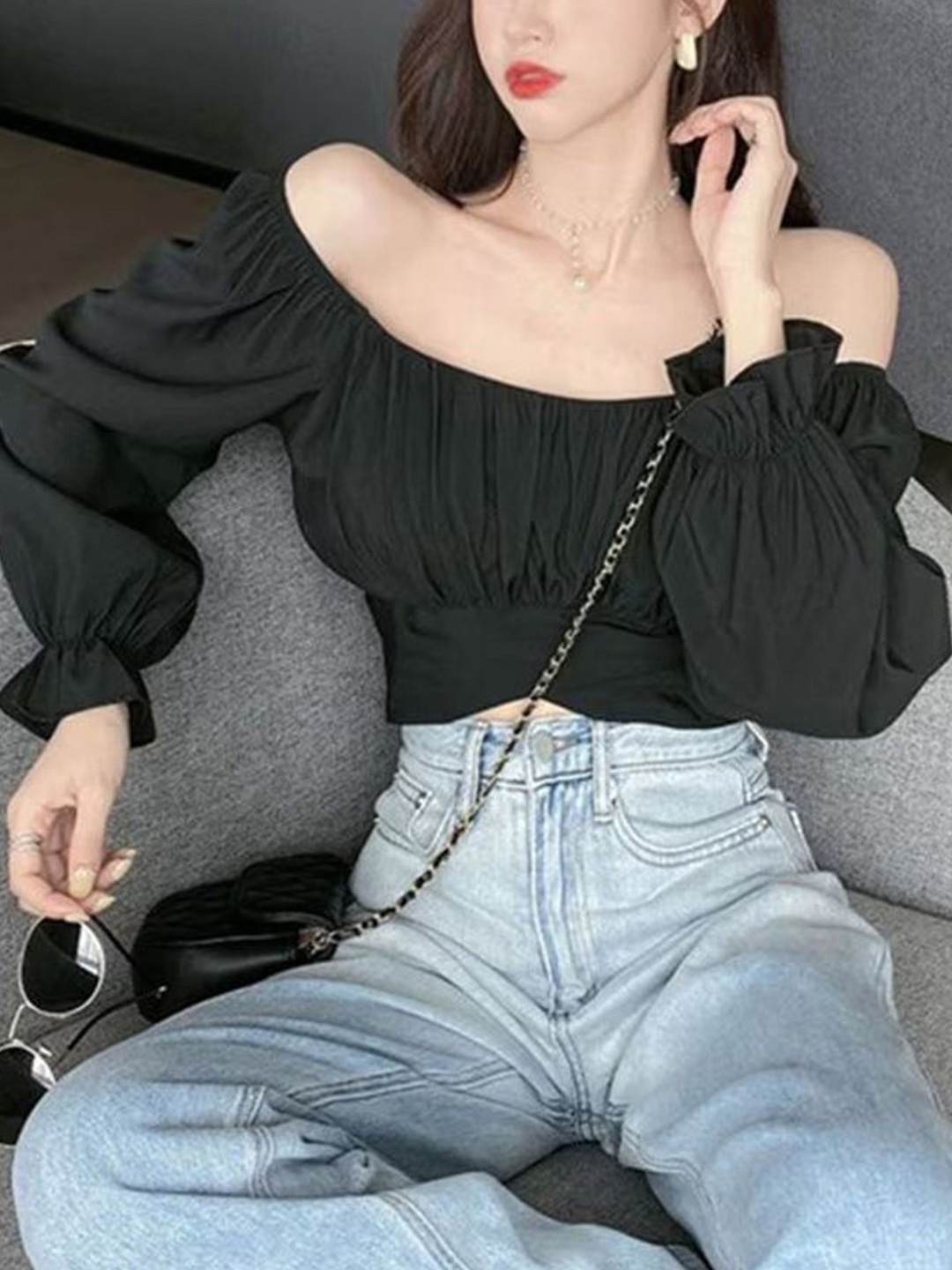 

NiloBerry Off-Shoulder Puff Sleeve Chiffon Crop Top, Black