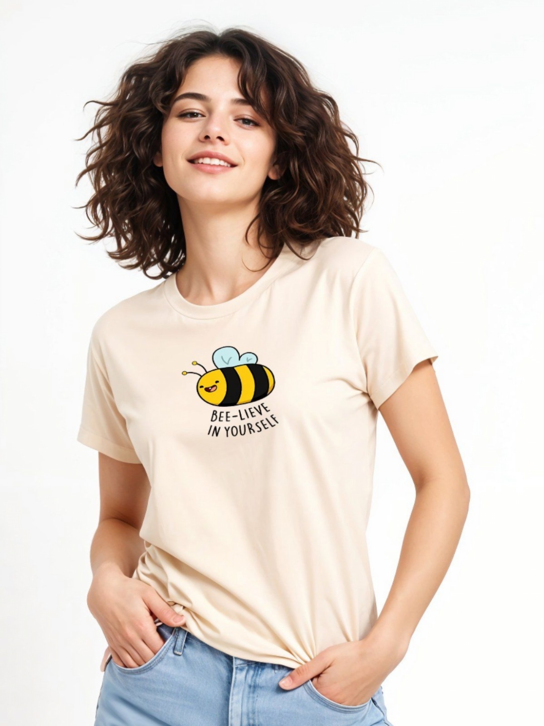 

DressBerry Women Typography Printed Extended Sleeves Applique T-shirt, Beige