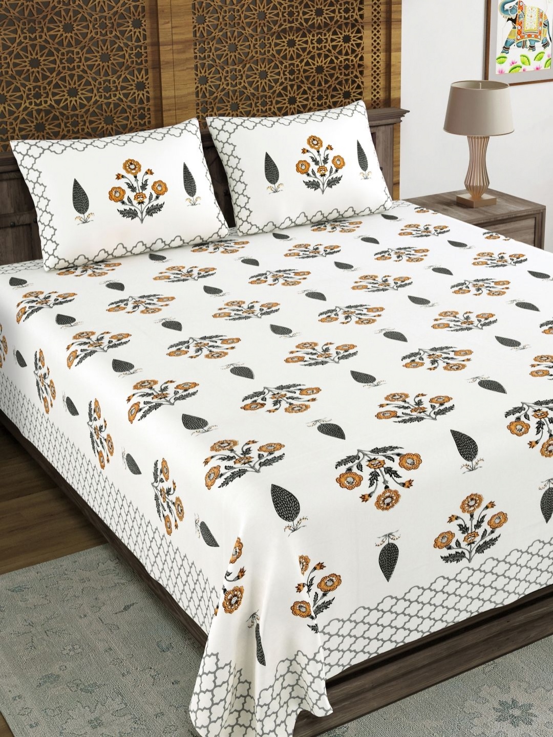 

BLOCKS OF INDIA White & Orange Floral 210 TC King Bedsheet with 2 Pillow Covers