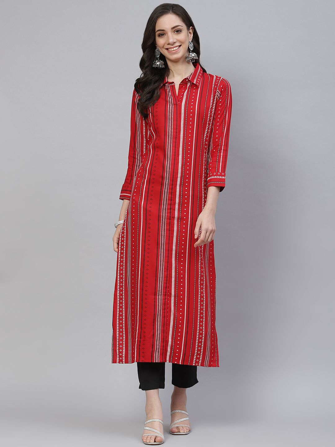 

mokshi Women Striped Kurta, Red