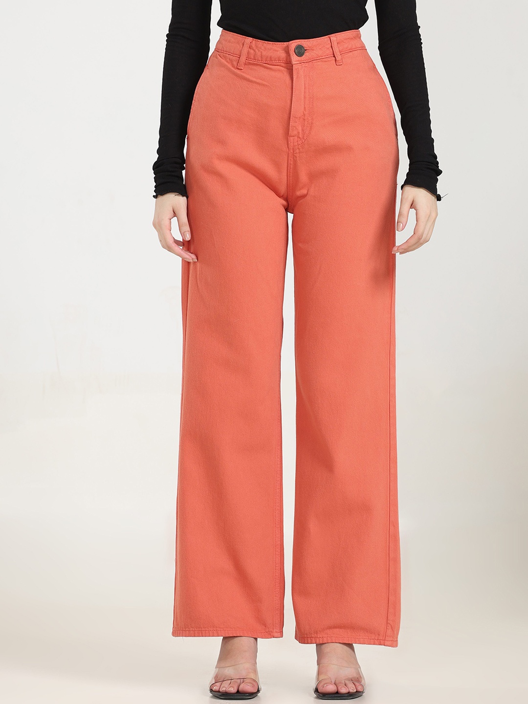 

URBAN POCHE Women Wide Leg High-Rise Jeans, Coral