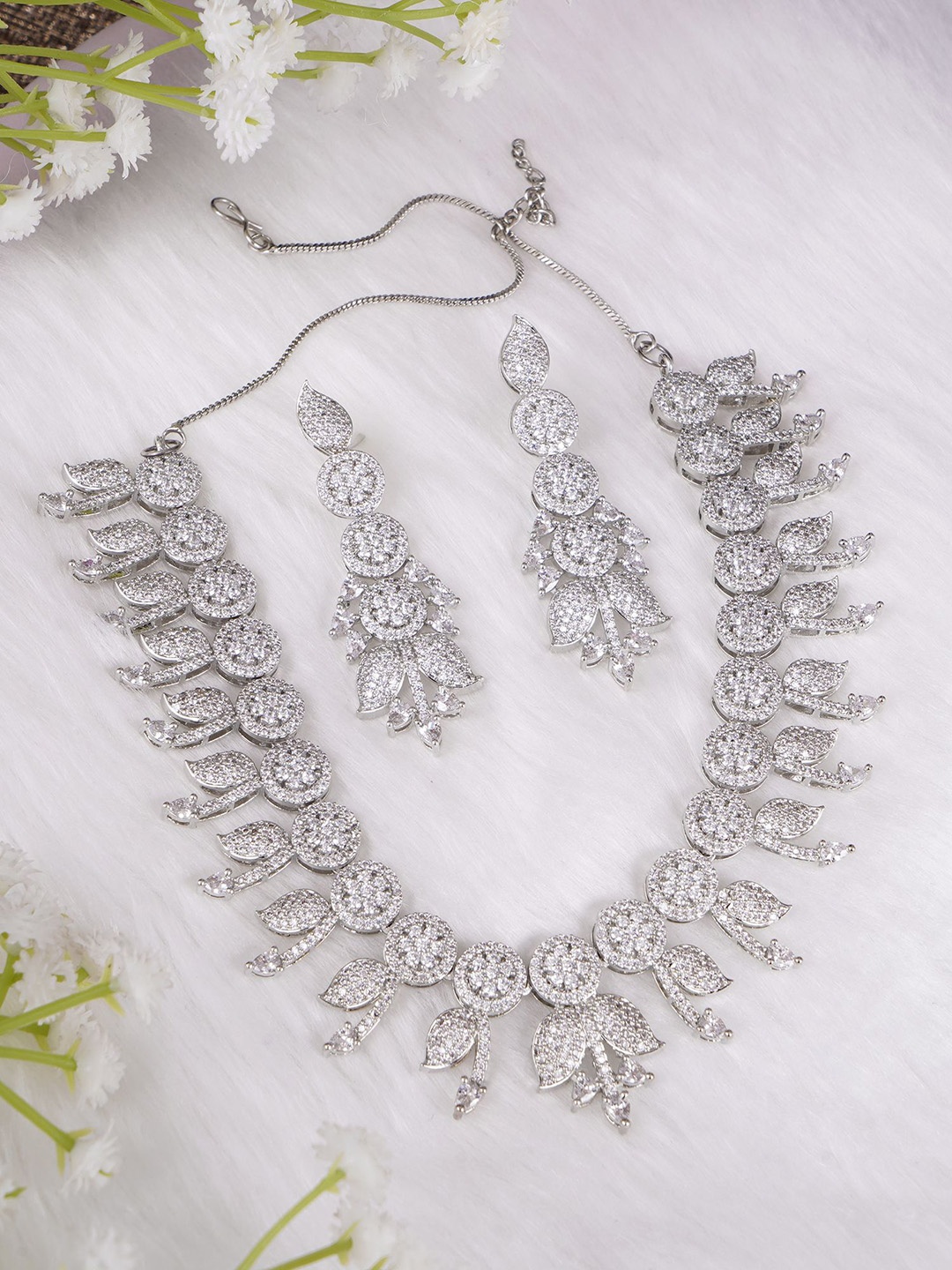 

Adwitiya Collection Rhodium-Plated American Diamond Studded Jewellery Set, Silver