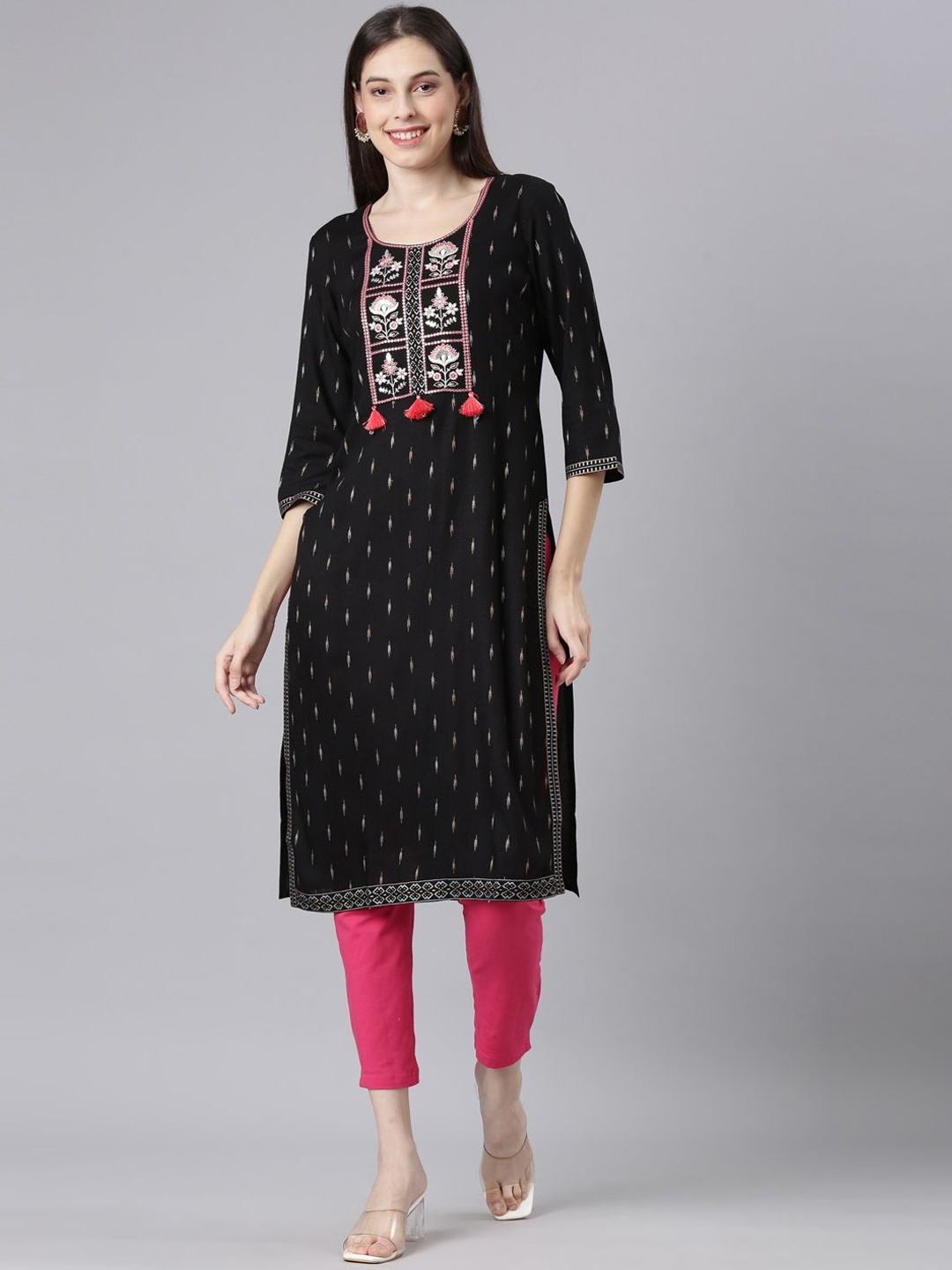 

Neerus Women Patchwork Kurta, Black