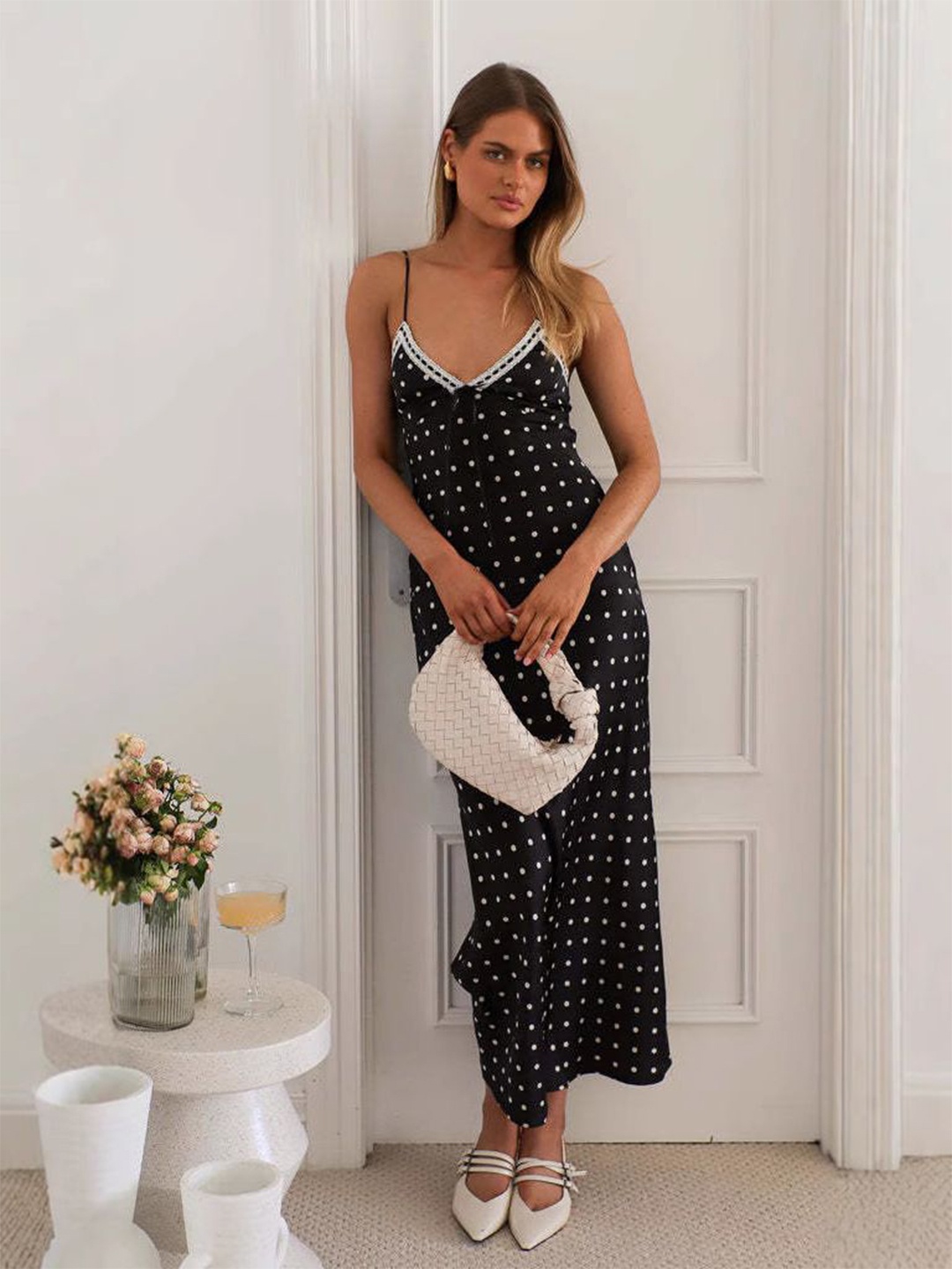 

all about you Polka Dot Print Satin Fit & Flare Midi Dress, Black