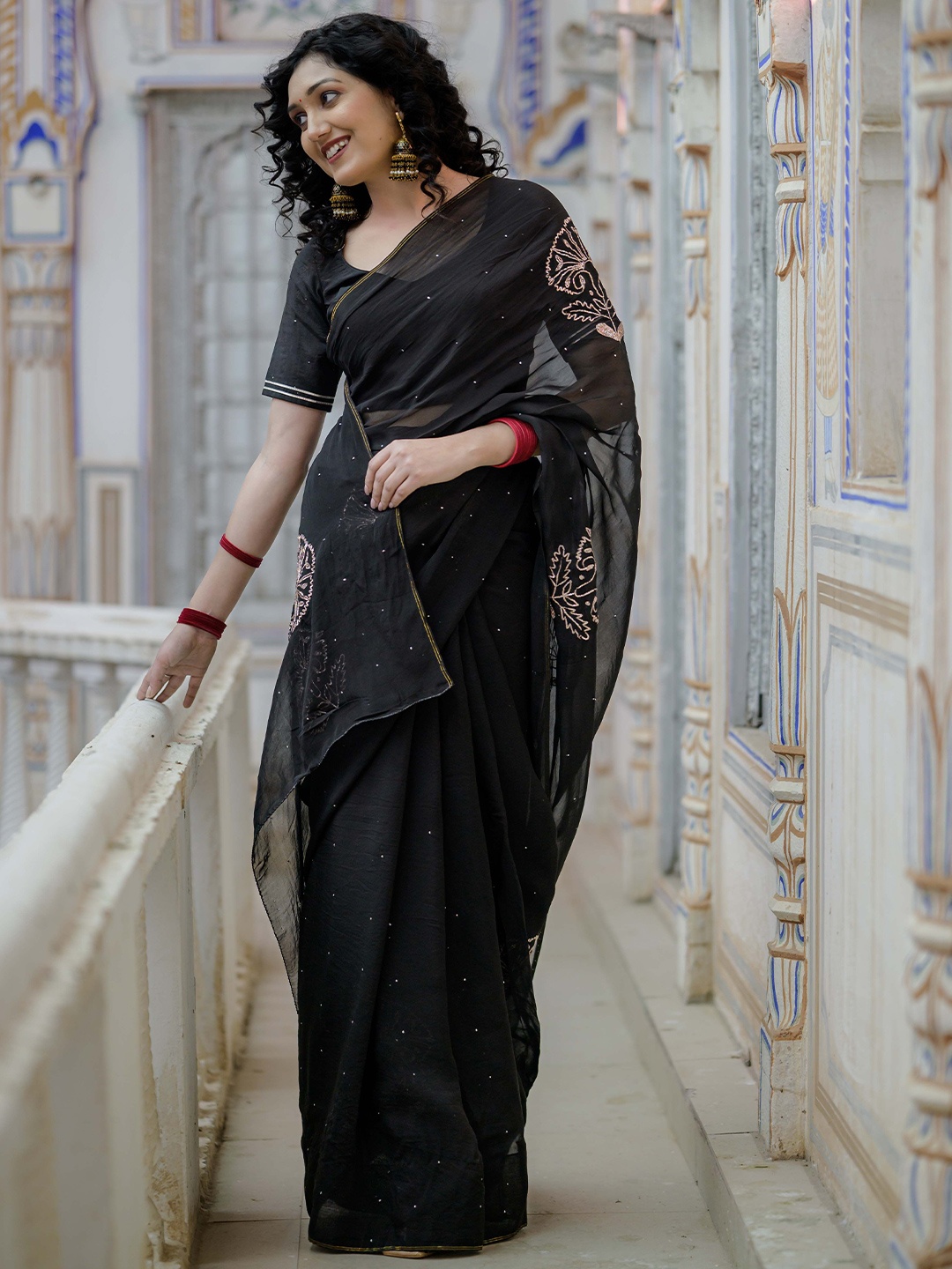 

HOUSE OF BAISA Floral Mukaish Organza Saree, Black