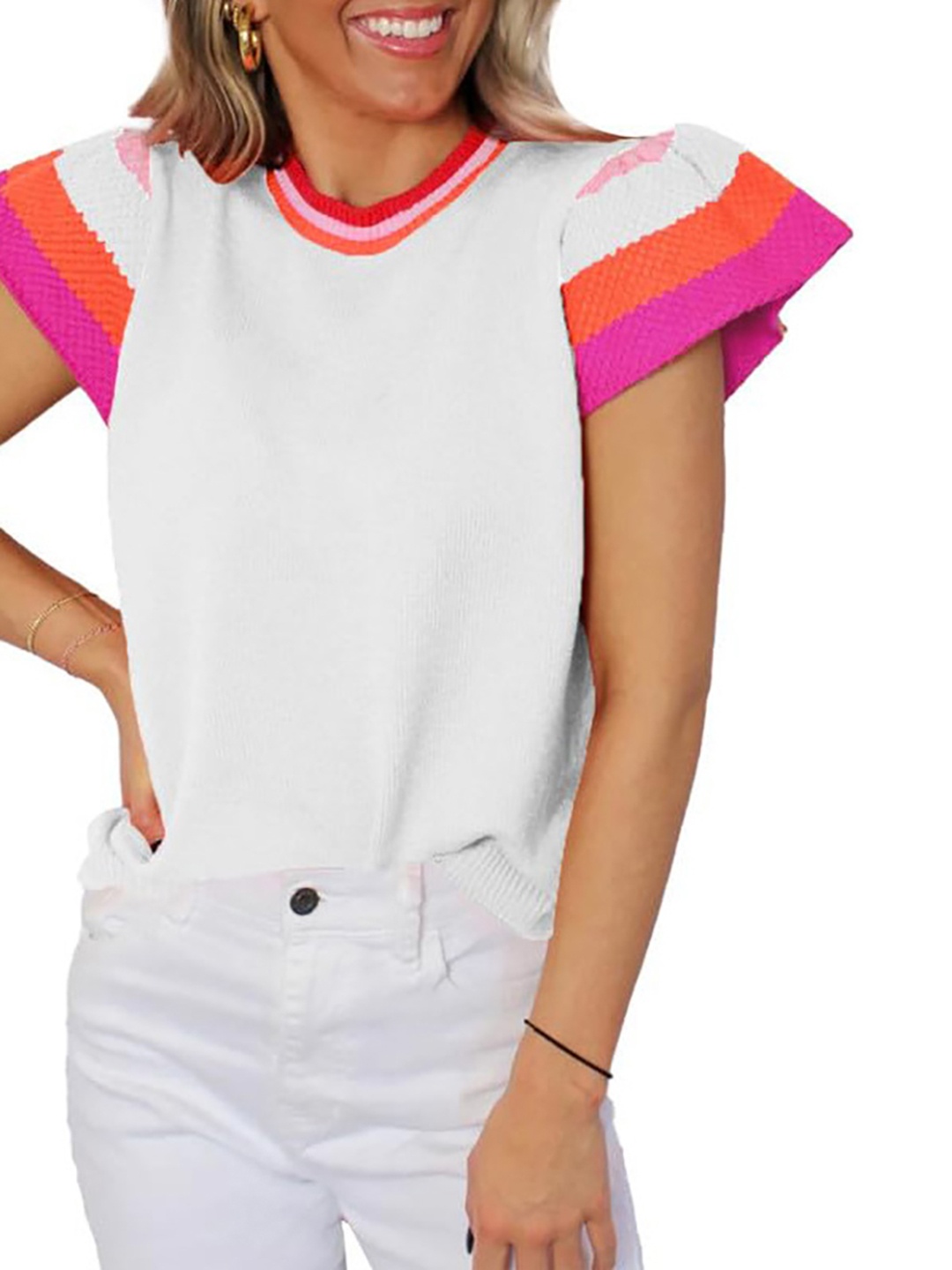 

StyleCast x Revolte Colourblocked Round Neck Flutter Sleeves Regular Top, White