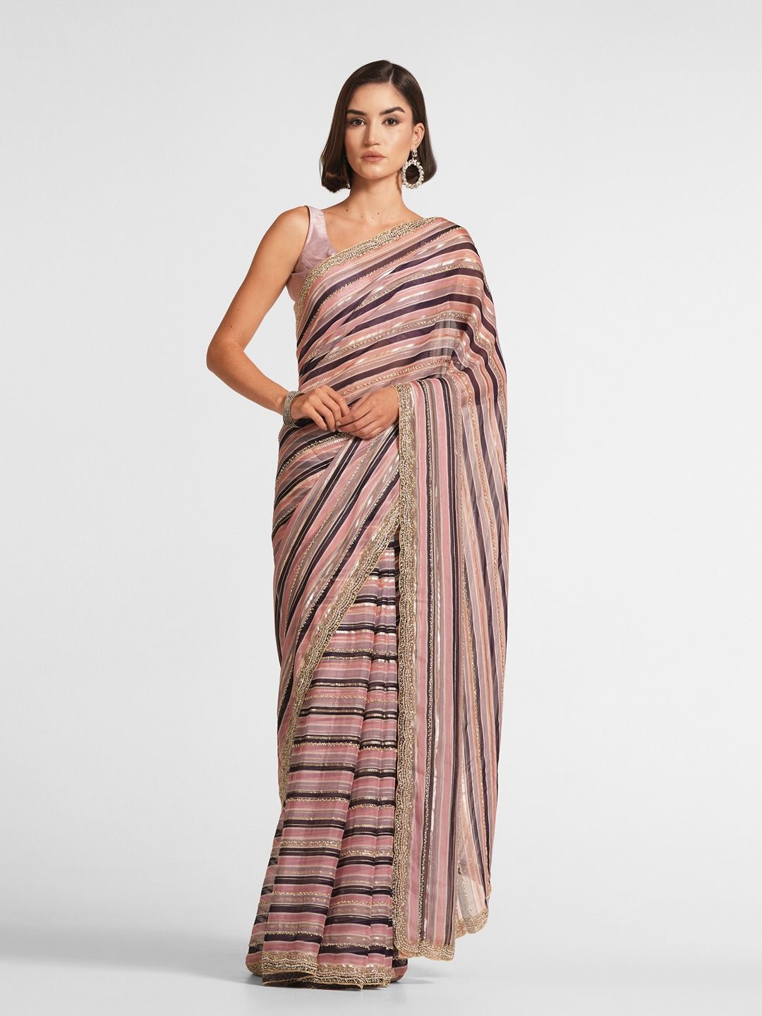 

Twamev Striped Beads and Stones Organza Designer Saree, Purple