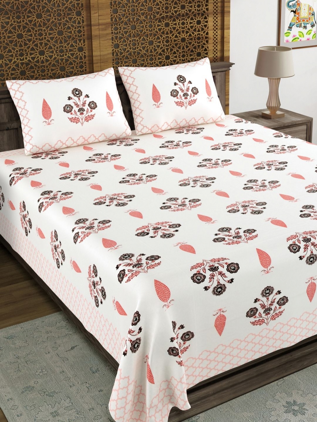 

BLOCKS OF INDIA Peach-Coloured & White Floral 210 TC King Bedsheet with 2 Pillow Covers