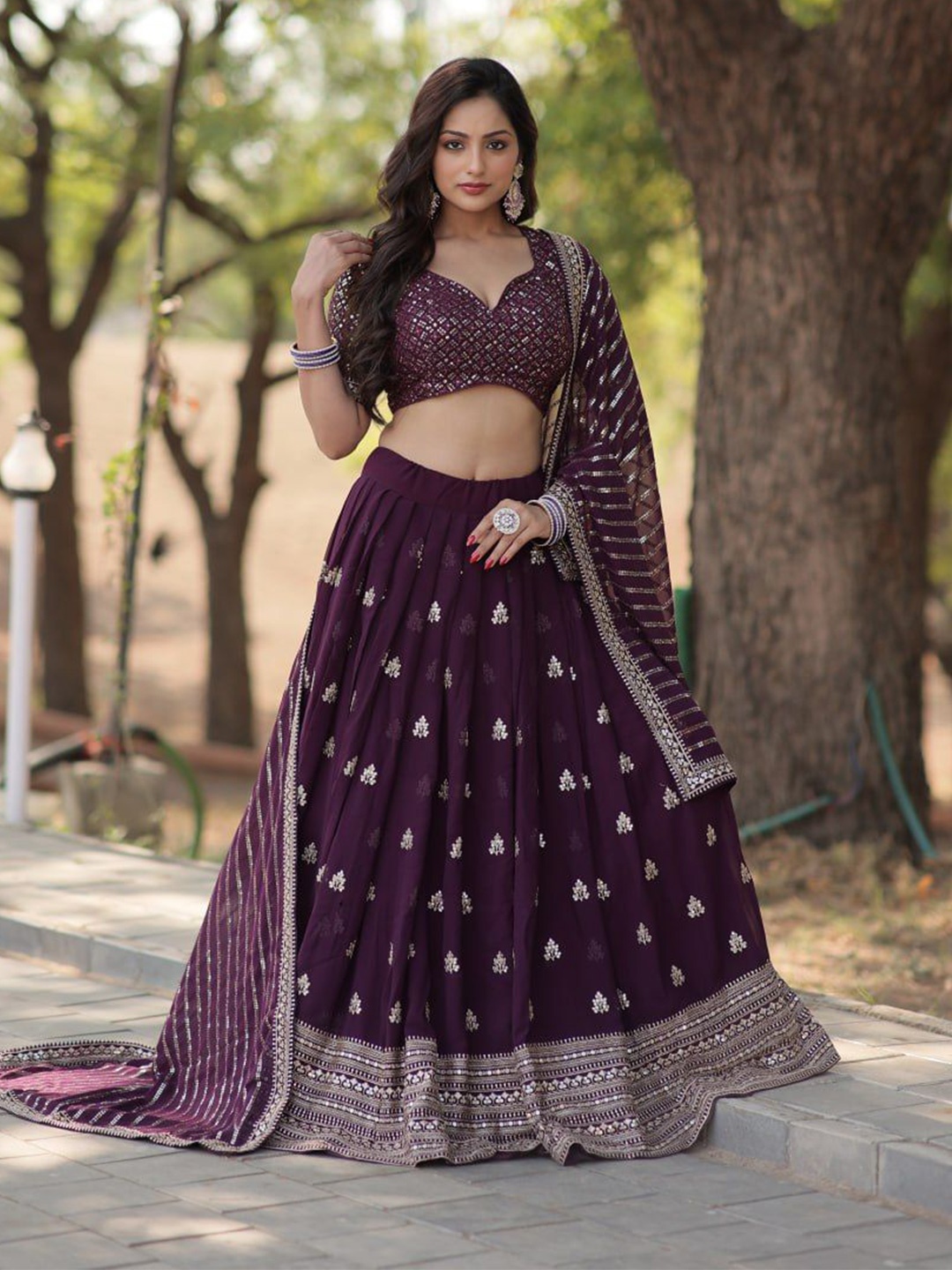 

ZIBLON Embroidered Sequinned Ready to Wear Lehenga & Unstitched Blouse With Dupatta, Violet