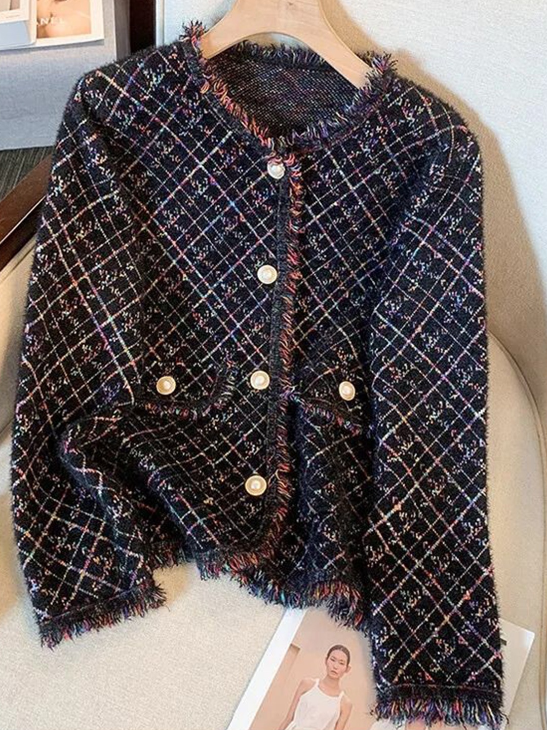 

PANKH Women Checked Woollen Cardigan, Black