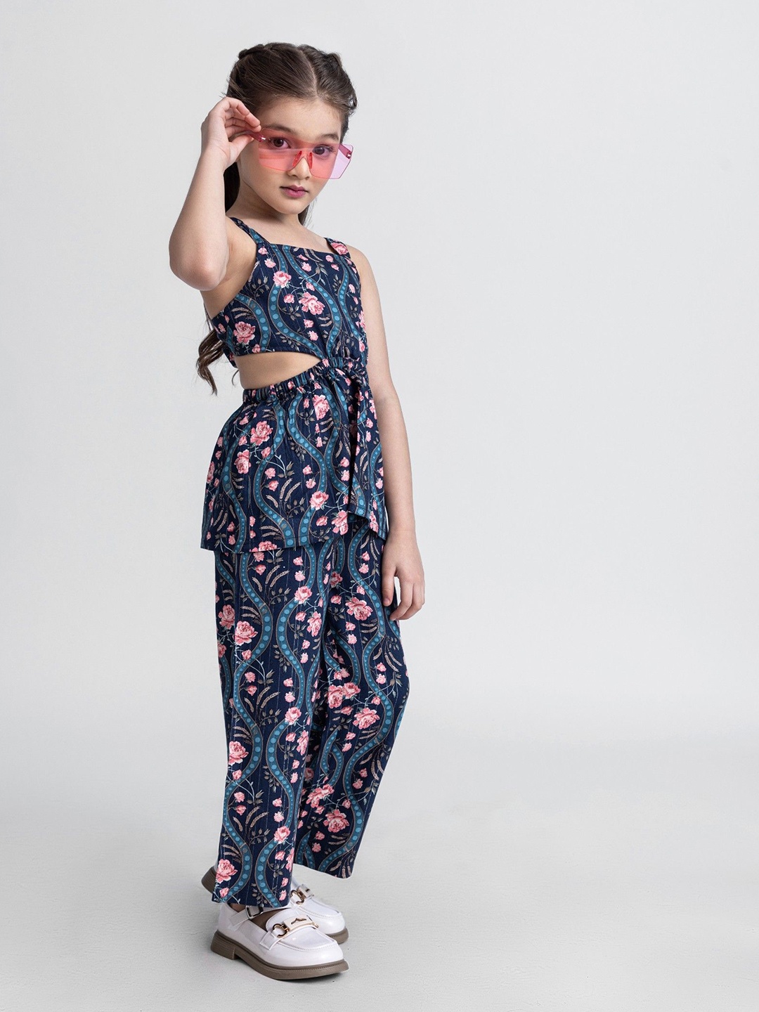 

taffykids Girls Printed Top with Trousers, Navy blue