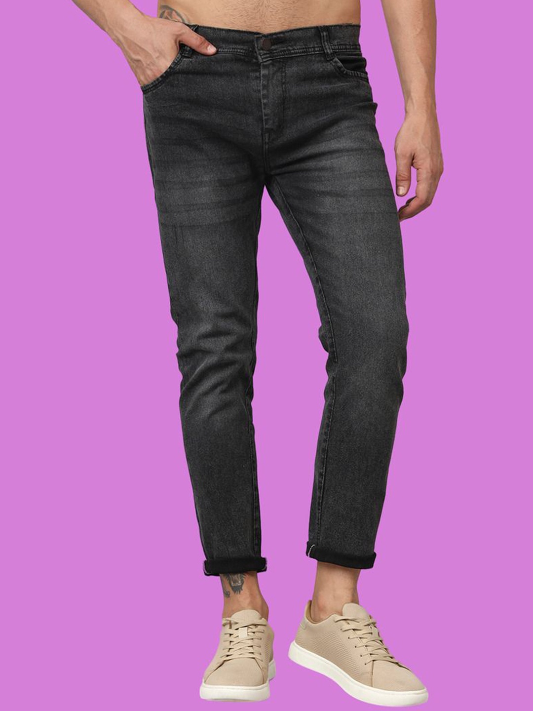 

COMFITS Men Classic Low Distress Light Fade Stretchable Jeans, Grey