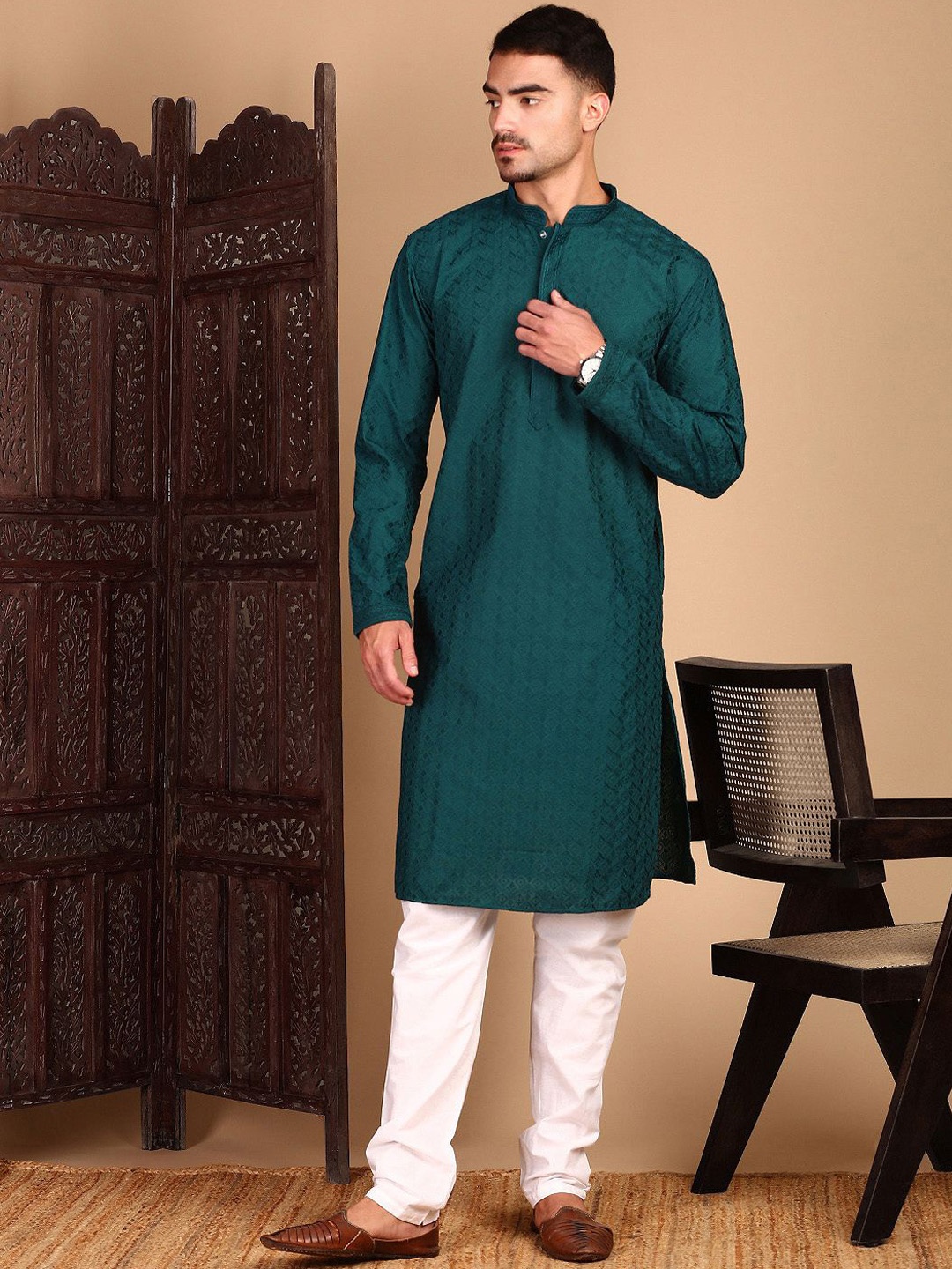 

House of Pataudi Chikankari Staright Kurta, Green