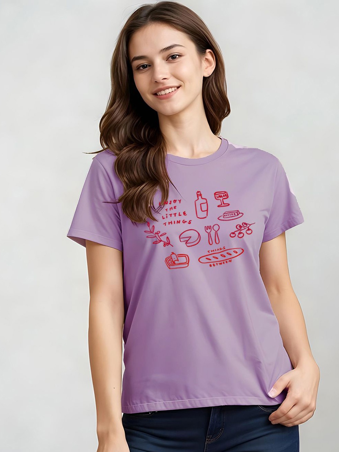 

DressBerry Women Typography Printed Applique T-shirt, Lavender
