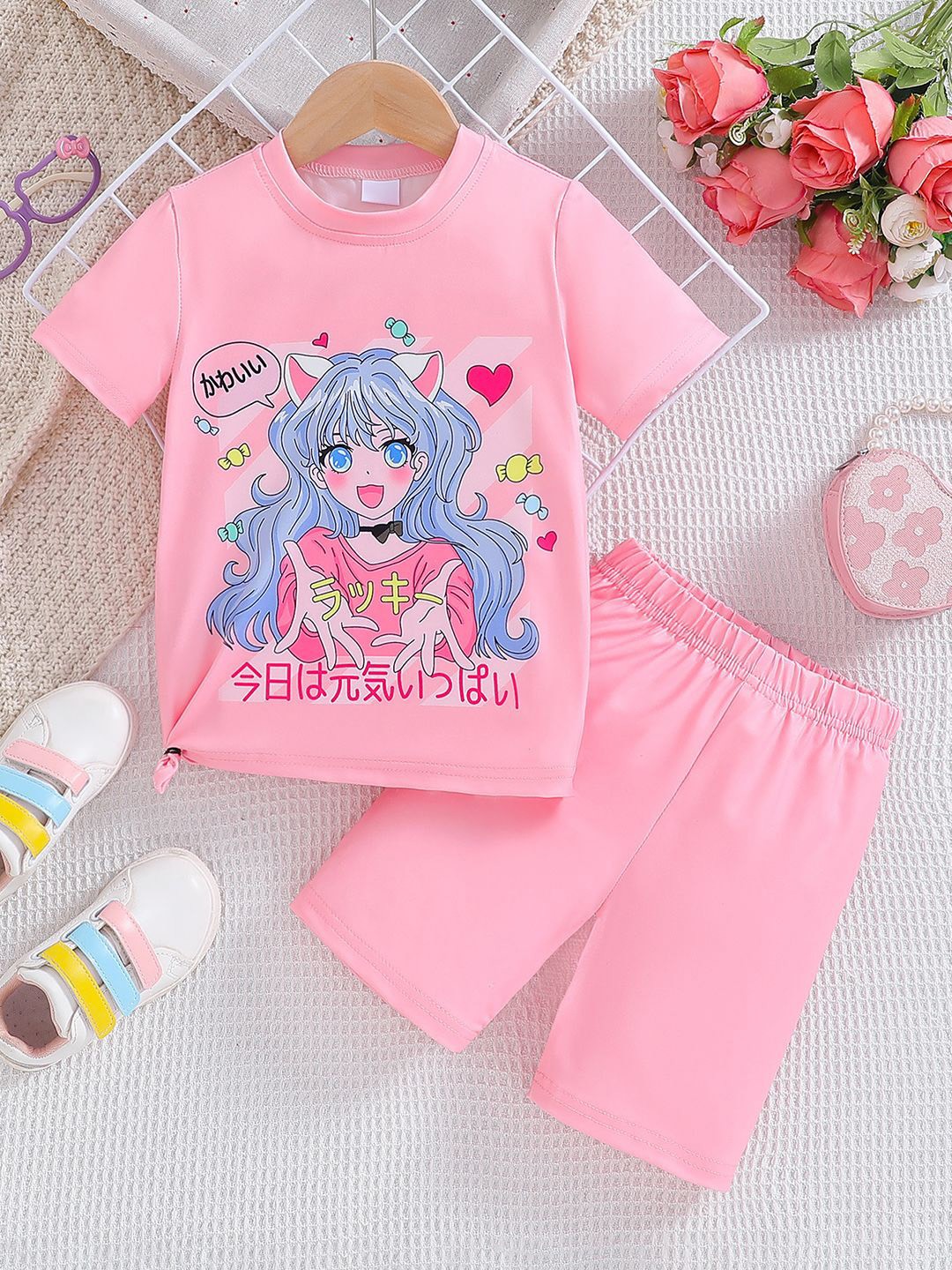 

YK Girls Printed T-shirt with Shorts, Pink