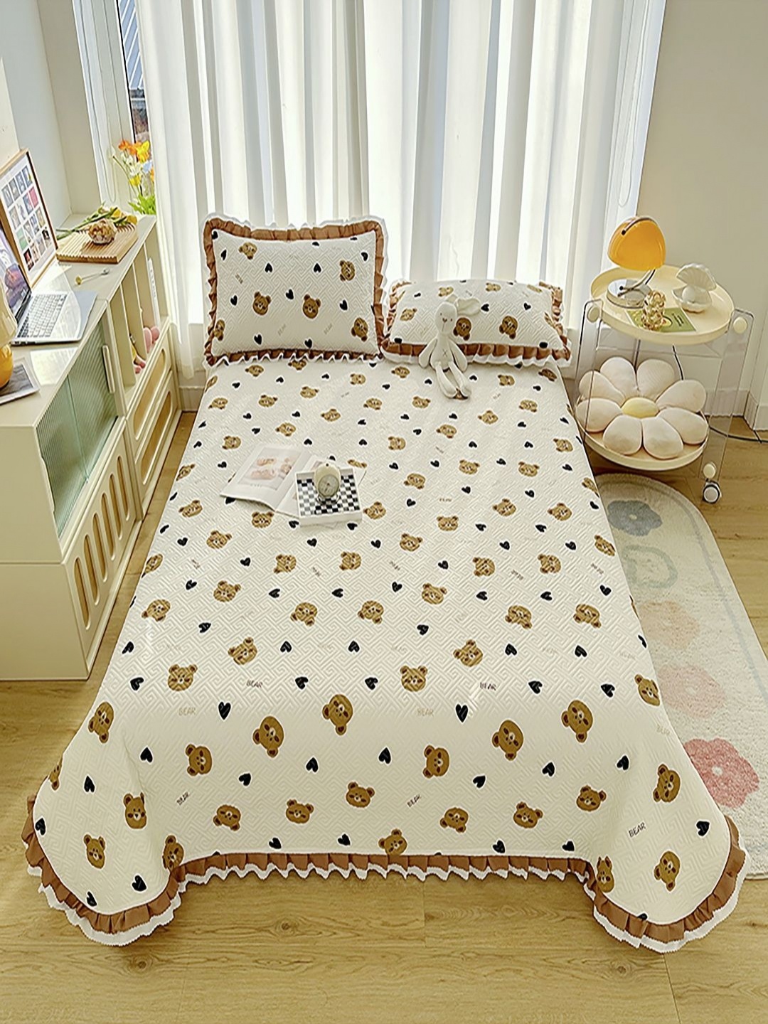 

JC HOME Beige & Brown Printed Bed Cover With Pillow