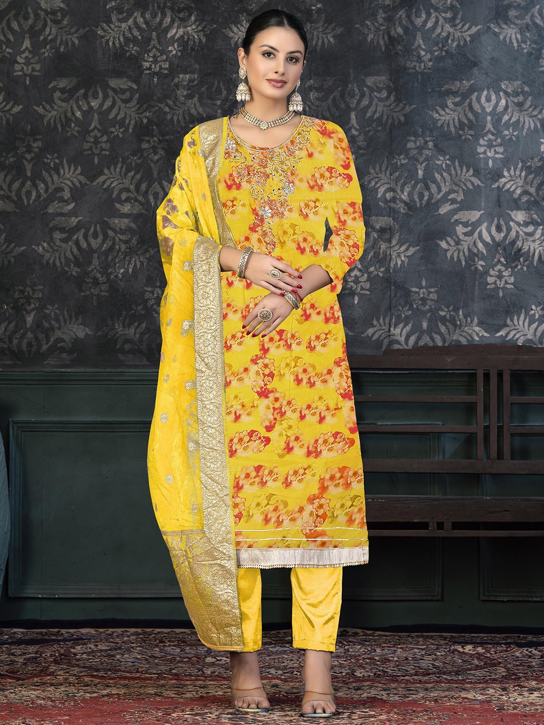 

SHADOW & SAINING Embellished Organza Semi-Stitched Dress Material, Yellow