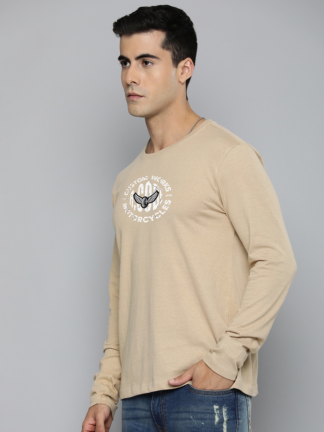 

R.Code by The Roadster Life Co. Men Printed T-shirt, Beige