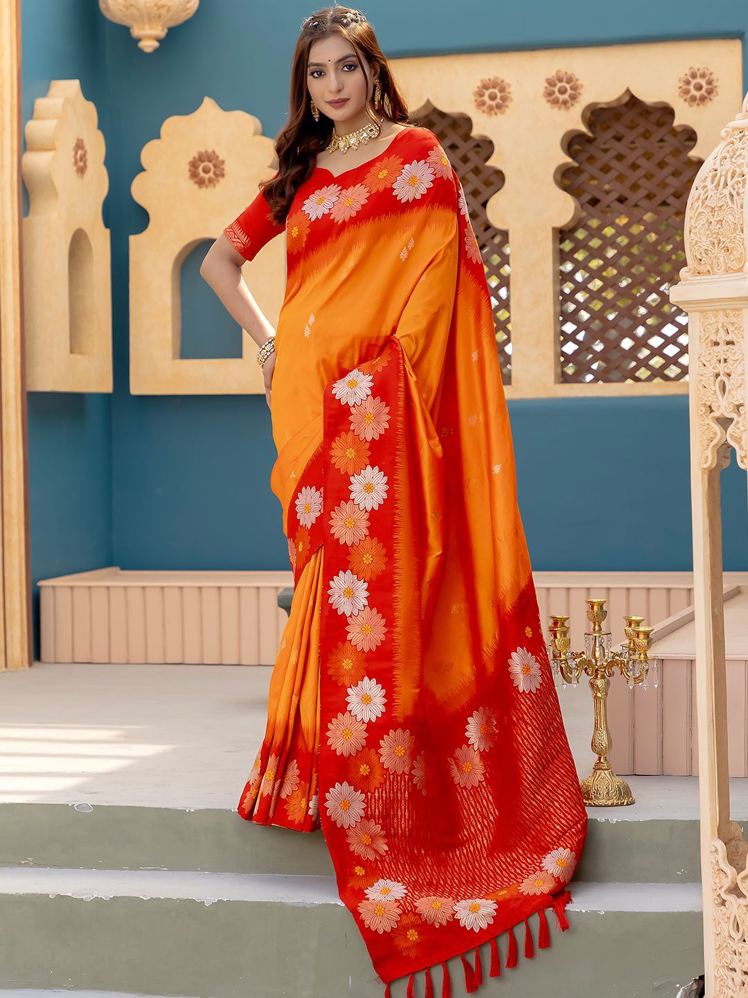 

LeeliPeeri Designer Floral Zari Silk Blend Designer Saree, Yellow