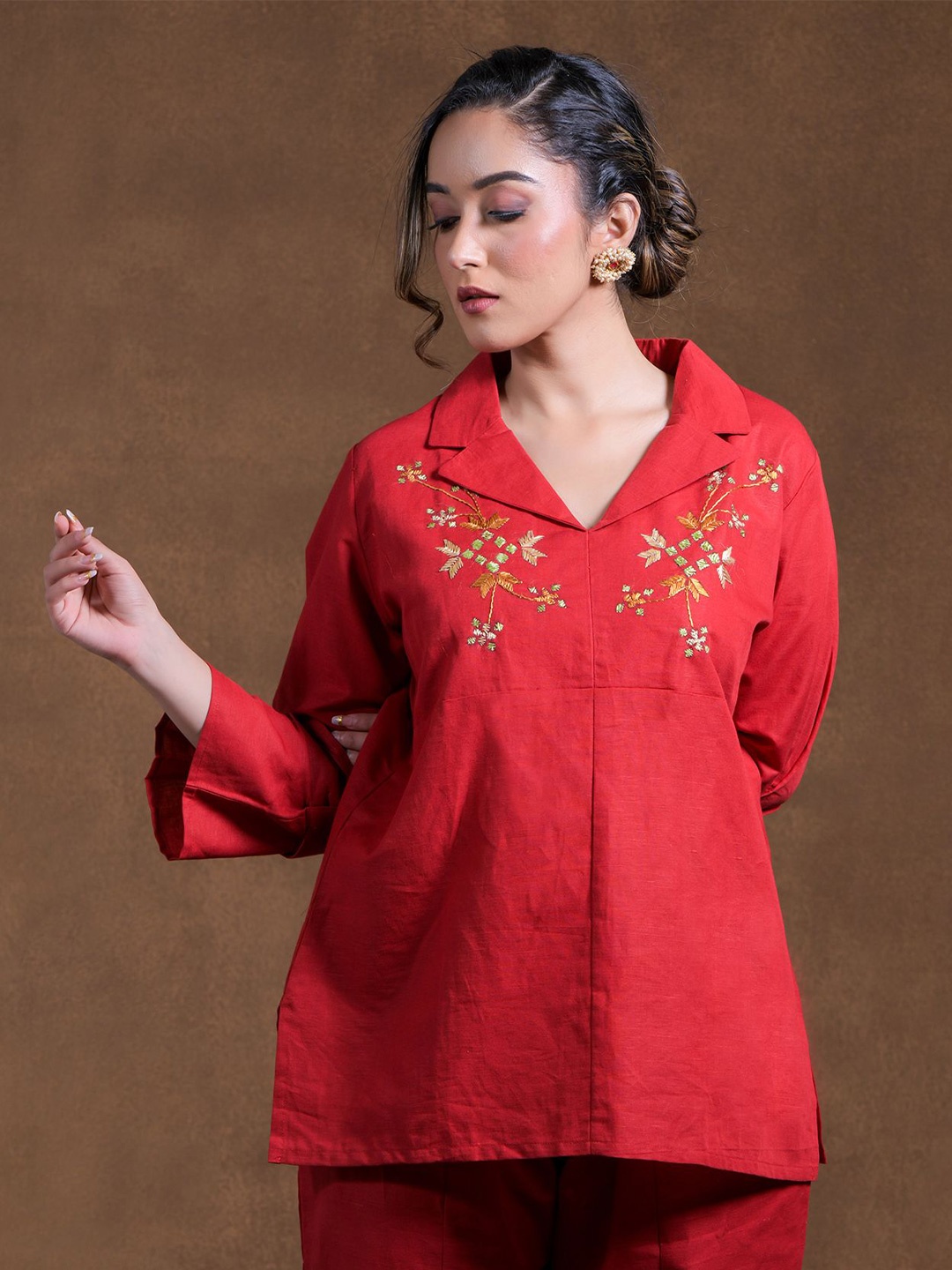 

Phulkari Forever Embellished Embroidered Roll-Up Sleeves Linen Top, Red