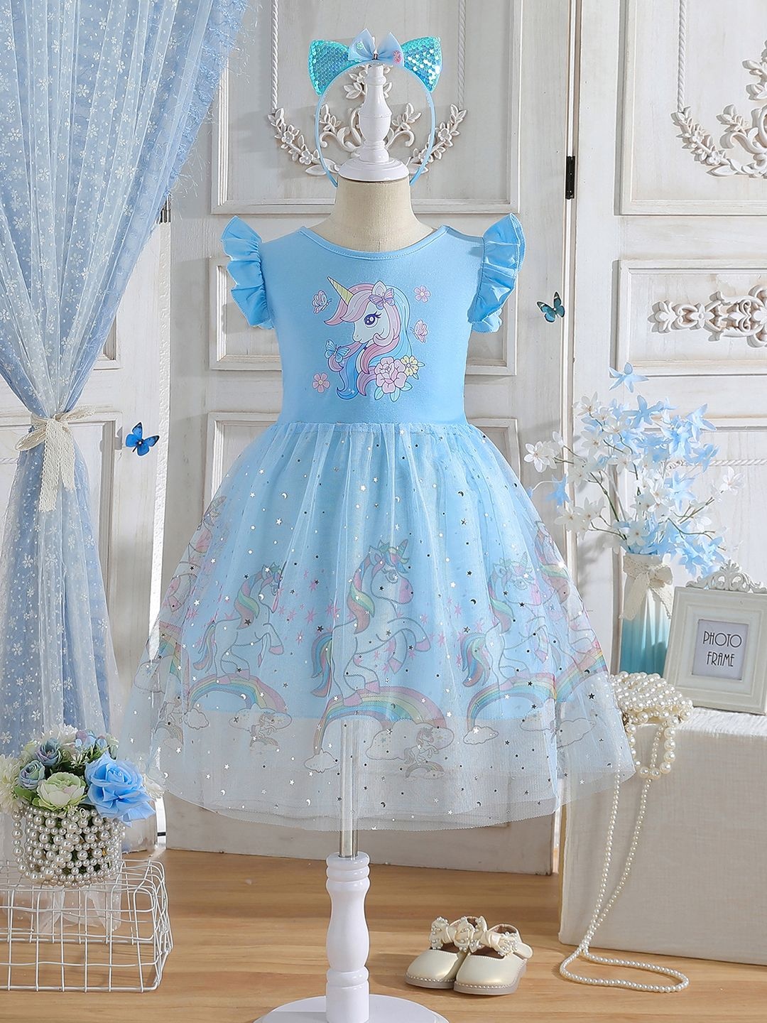 

YK Floral Print Fit & Flare Dress, Blue