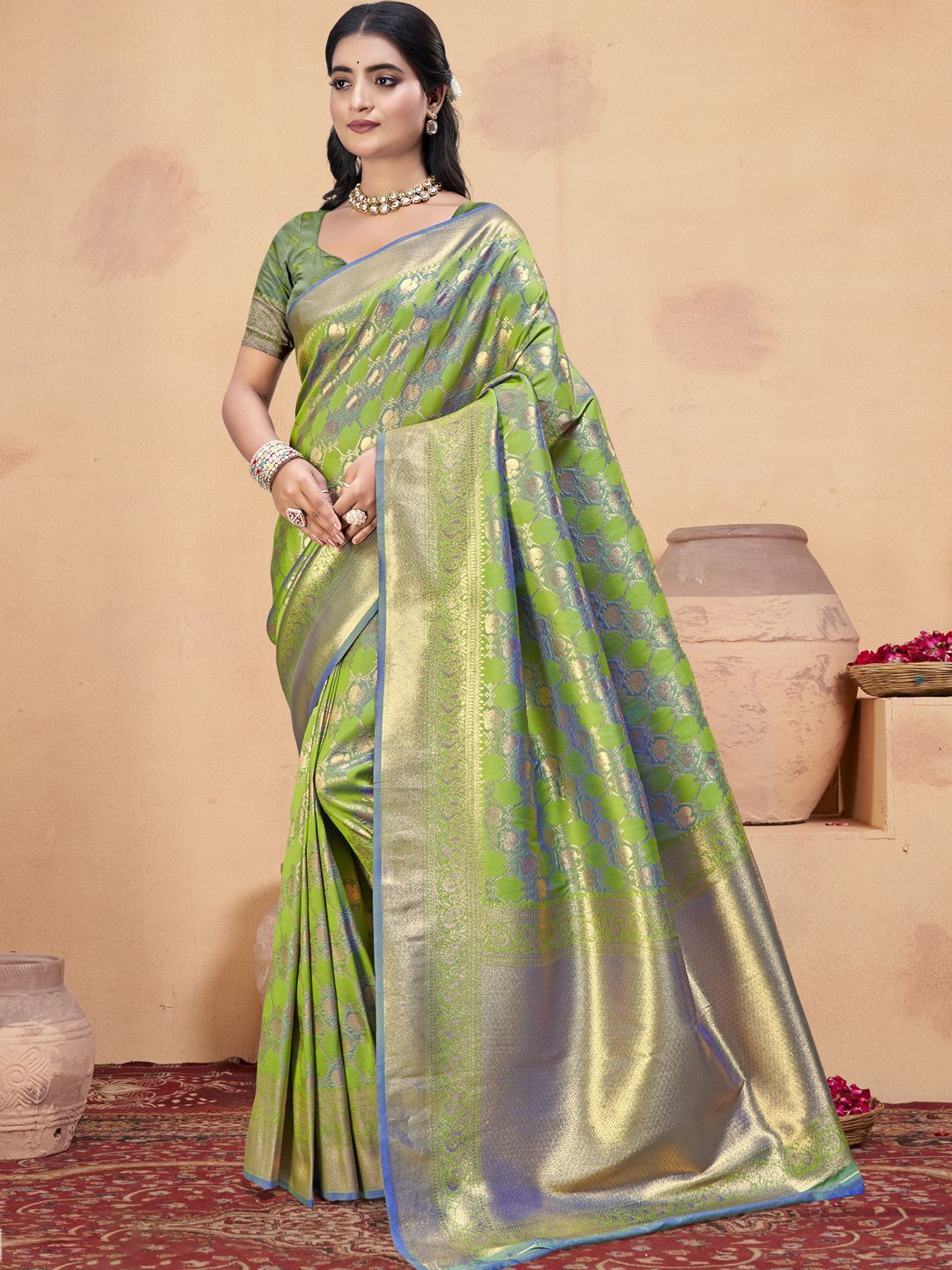 

SANGAM PRINTS Floral Zari Silk Blend Tussar Saree, Sea green