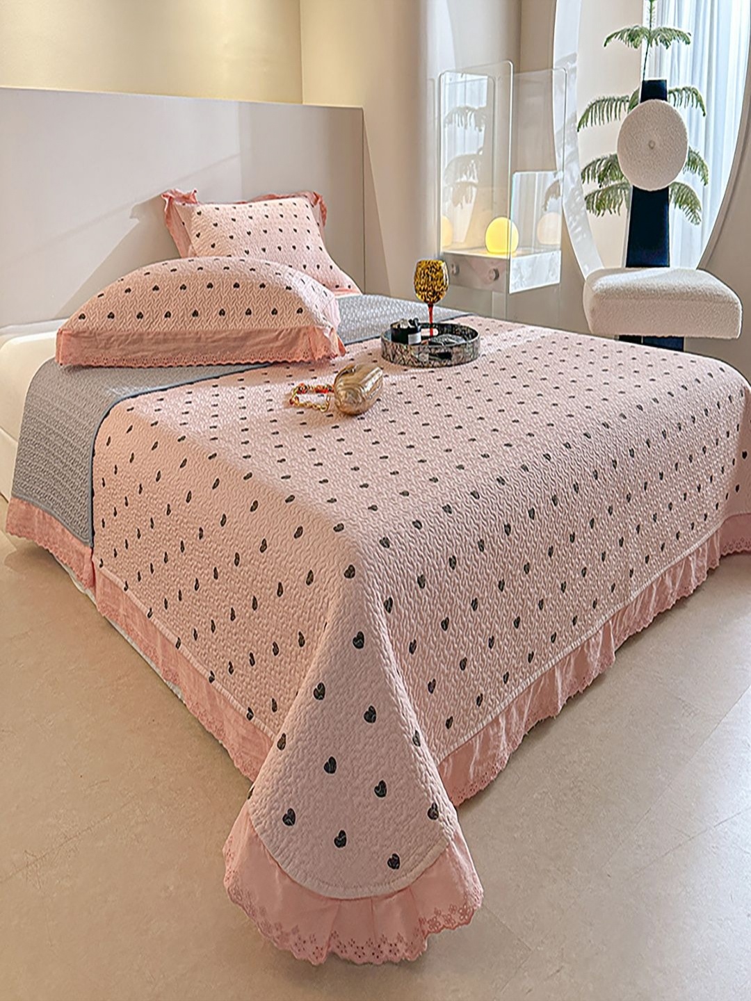 

JC HOME Pink & Black Printed Cotton Double Super King Bed & Pillow Cover