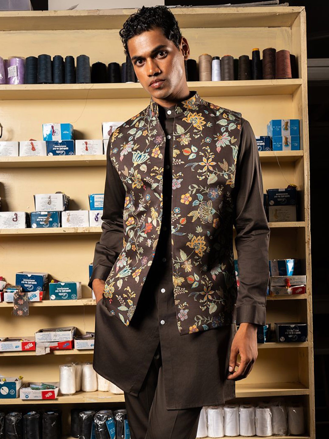 

Project Bandi Printed Satin Nehru Jacket, Brown