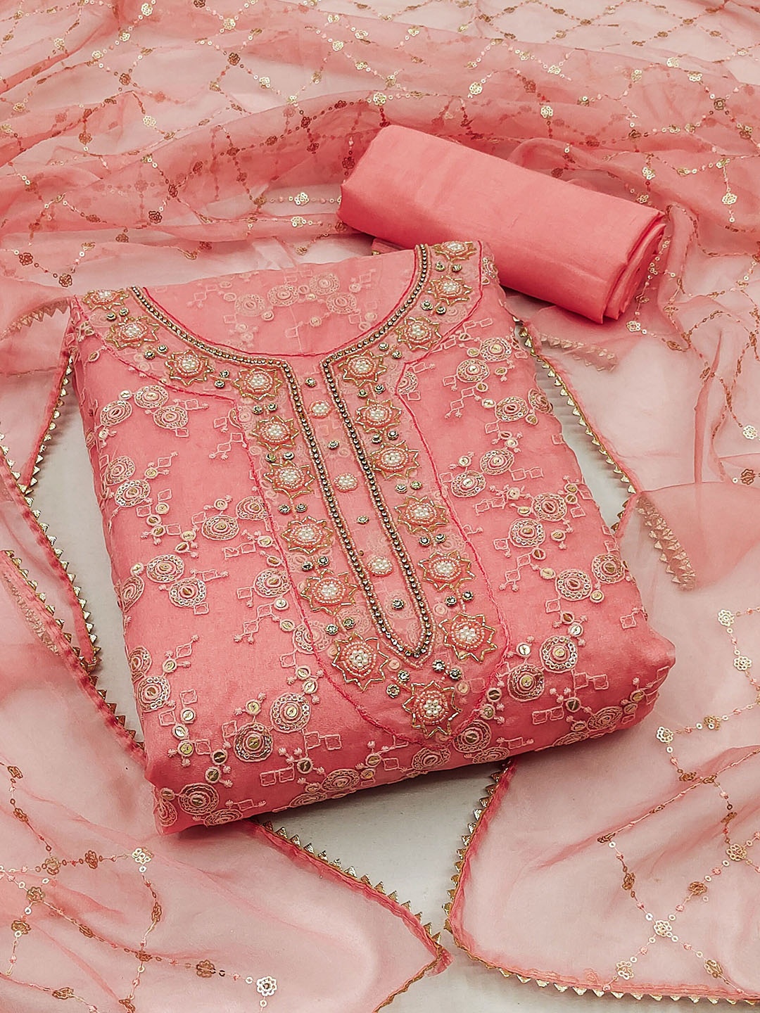 

SHADOW & SAINING Embroidered Organza Semi-Stitched Dress Material, Peach