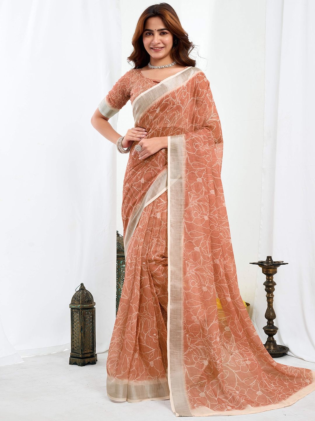

all about you Floral Pure Linen Ready to Wear Saree, Brown