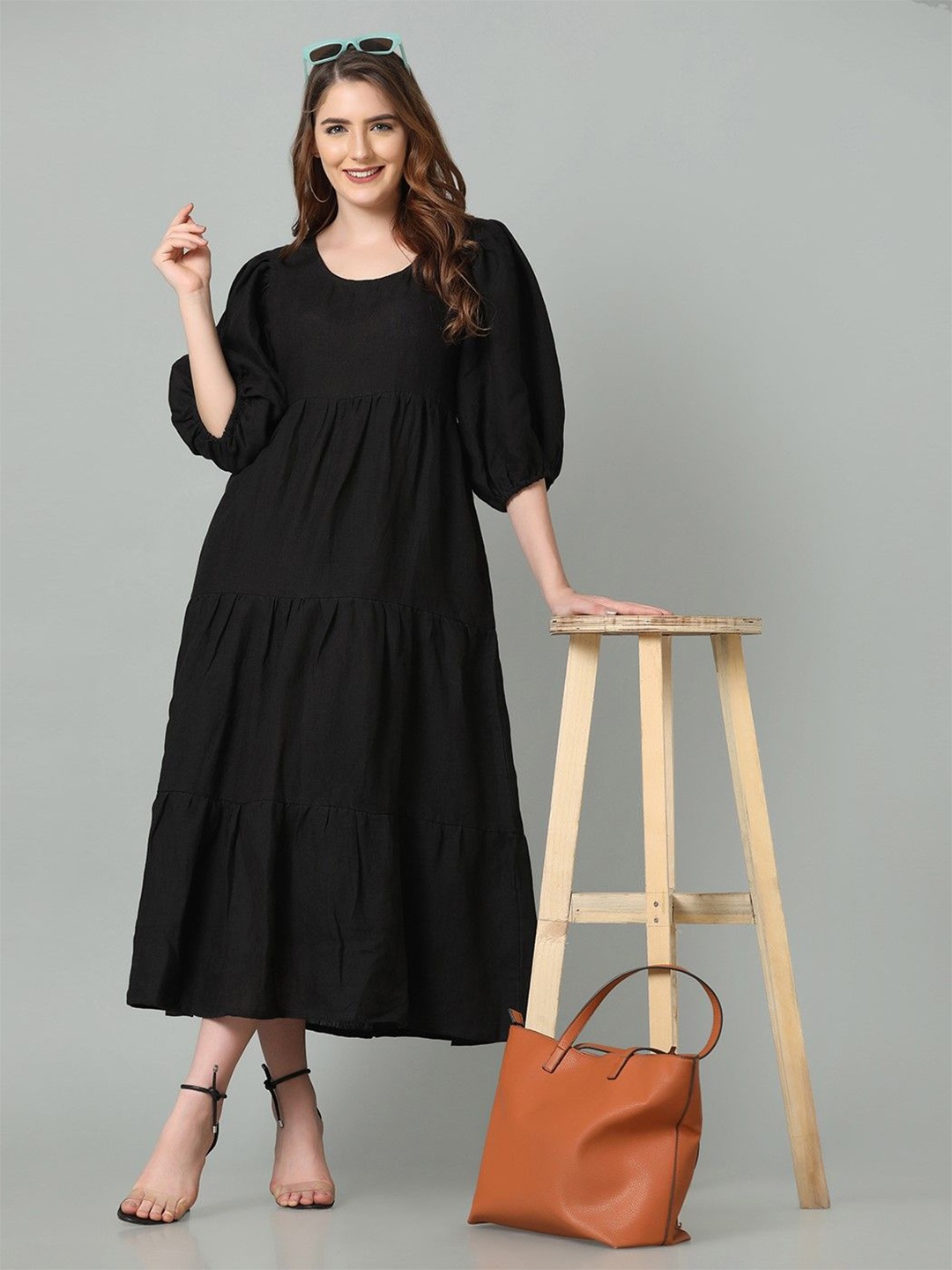 

ECO LEAS BY SHIPRA Puff Sleeve Linen Maxi Dress, Black