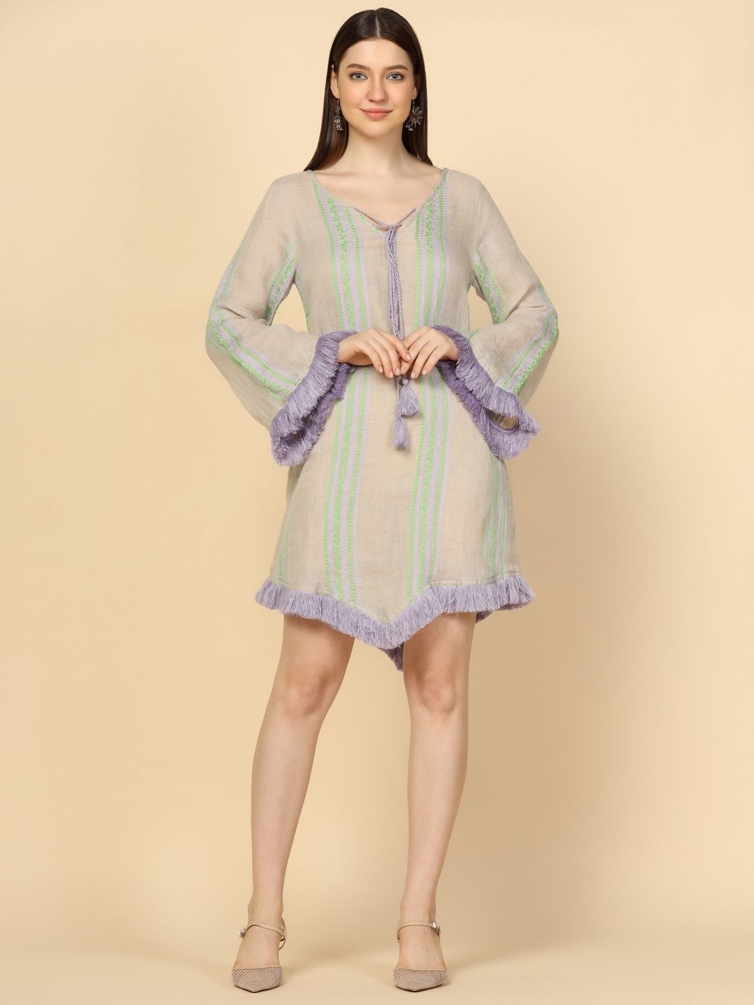 

ECO LEAS BY SHIPRA Bell Sleeve Linen A-Line Dress, Beige
